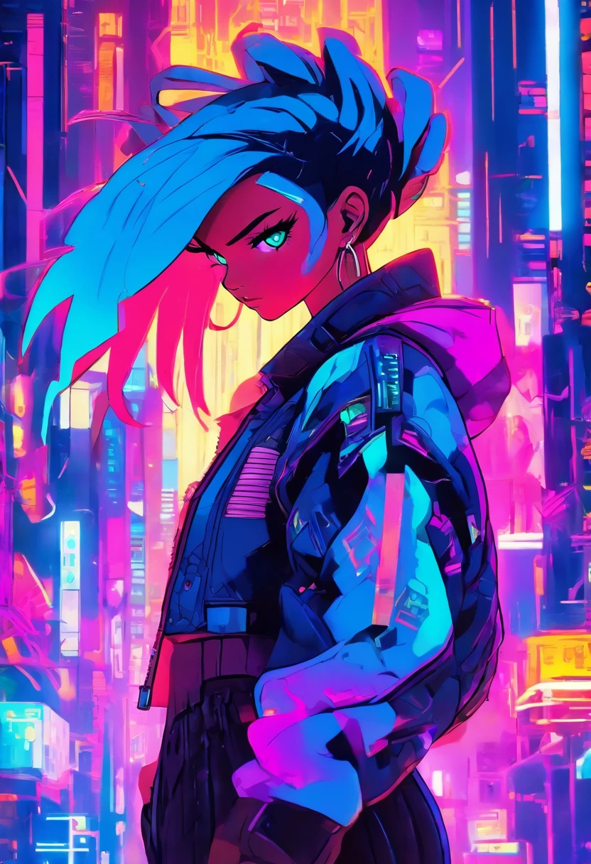 In the neon-lit streets of a cyberpunk metropolis, a figure emerges, defying the boundaries of reality and technology. Meet the Cyberpunk Girl, a vision of grit and rebellion. Dressed in a sleek bomber jacket, adorned with blinking LED strips that pulse with neon hues, she becomes a beacon of defiance amidst the chaotic cityscape. Her attire, a fusion of leather and circuitry, hints at the symbiotic relationship between humans and machines in this futuristic world. With her vibrant hair, a vibrant canvas of electric blues and purples, she effortlessly captures attention. Standing tall amidst the bustling streets, her piercing gaze is both determined and inquisitive, a testament to her indomitable spirit. The cityscape, bathed in a sea of neon lights and holographic advertisements, serves as her backdrop. It reflects the chaos and energy that she thrives upon. Will you join her in this cybernetic realm, where the possibilities are limitless, or will you merely be a passerby in her electrifying world?