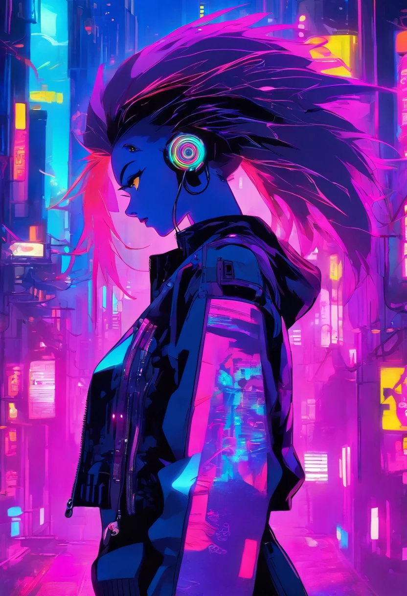In the neon-lit streets of a cyberpunk metropolis, a figure emerges, defying the boundaries of reality and technology. Meet the Cyberpunk Girl, a vision of grit and rebellion. Dressed in a sleek bomber jacket, adorned with blinking LED strips that pulse with neon hues, she becomes a beacon of defiance amidst the chaotic cityscape. Her attire, a fusion of leather and circuitry, hints at the symbiotic relationship between humans and machines in this futuristic world. With her vibrant hair, a vibrant canvas of electric blues and purples, she effortlessly captures attention. Standing tall amidst the bustling streets, her piercing gaze is both determined and inquisitive, a testament to her indomitable spirit. The cityscape, bathed in a sea of neon lights and holographic advertisements, serves as her backdrop. It reflects the chaos and energy that she thrives upon. Will you join her in this cybernetic realm, where the possibilities are limitless, or will you merely be a passerby in her electrifying world?