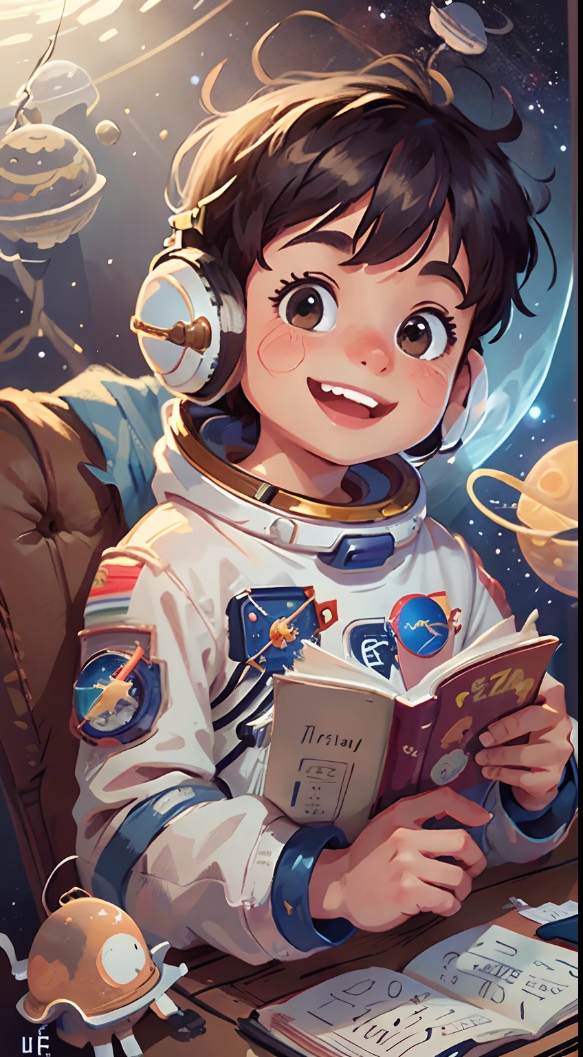 A boy in a junior high school uniform reading in a space capsule, wearing headphones, wearing a blue school uniform, with a happy smile on his face, delicate facial features, close-up, full body, blind box type, Pixar-style, Disney-style, universe, space capsule floating with all kinds of books, scientific and technological background, futuristic, blue color matching, the best picture quality, super detail, 3D, C4D, mixer rendering, Ultra HD-AR 16:9 --auto --s2