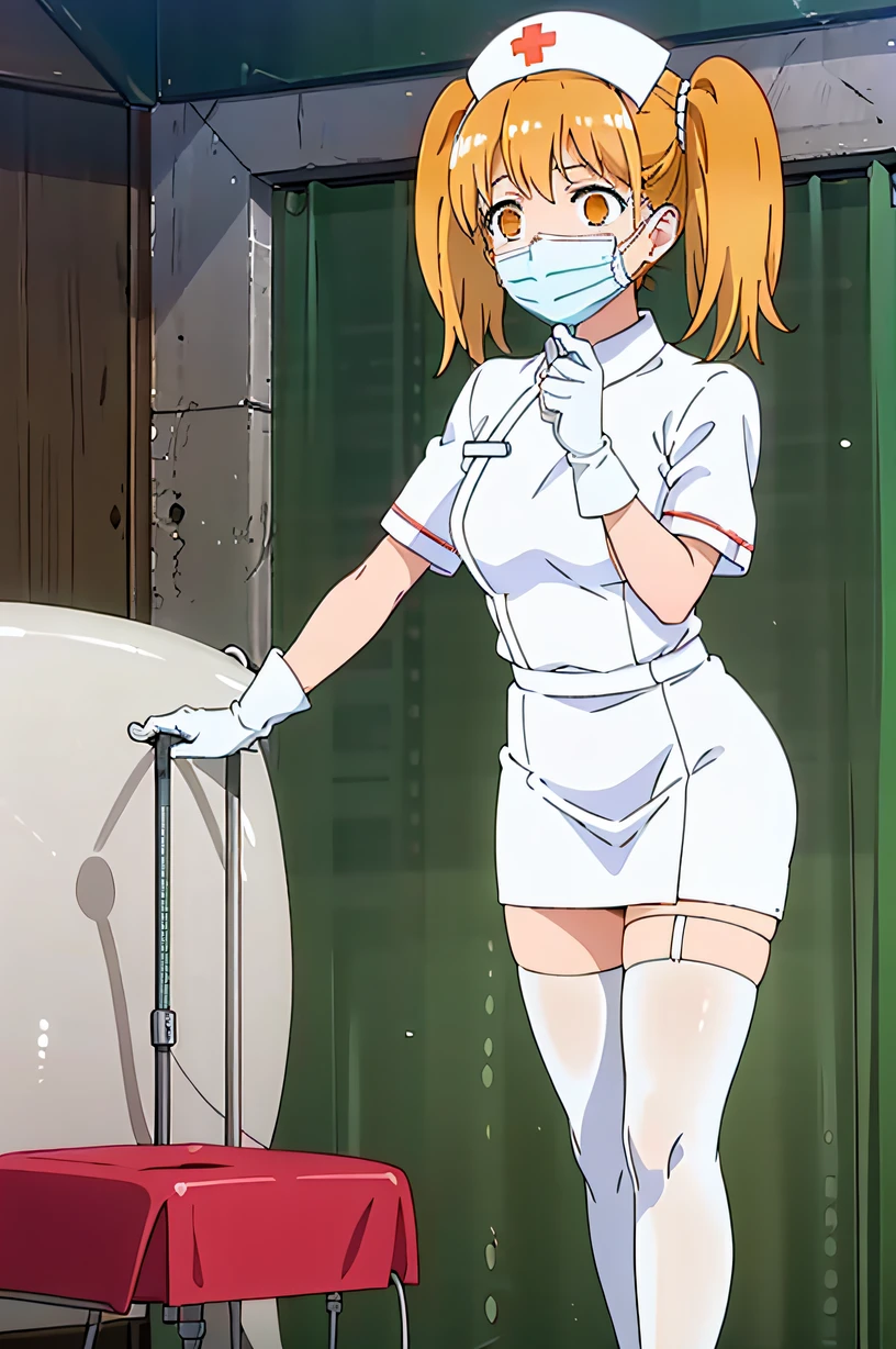 Yoshi, earrings, blonde hair, orange hair, orange eyes, twintails, solo, nurse, ((white nurse cap, white nurse's outfit)), ((white legwear, zettai ryouiki)), white gloves, ((white surgical mask, covered nose)), standing, hospital room, sharp outline, short sleeves, best quality, masterpiece