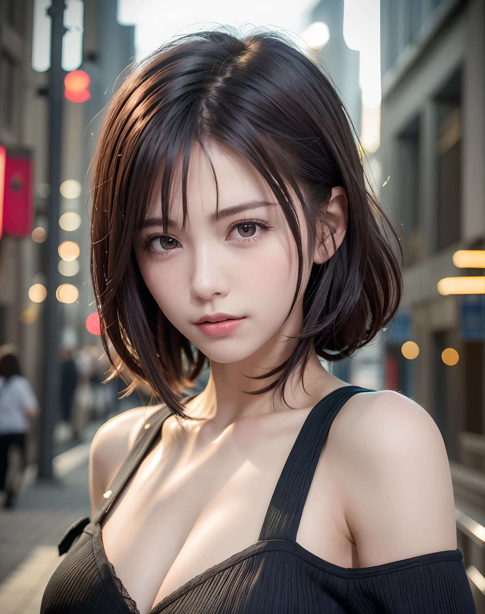 (masterpiece: 1.3), (8K, Photorealista, Photo Raw, top-quality: 1.4), full bodyesbian, Walking the streets of Tokyo, (1girl in), gorgeous faces, (lifelike face), (A dark-haired, short-haired: 1.3), Gorgeous hairstyle, realisticeyes, beautiful finely detailed eyes, (Pere Lealis...