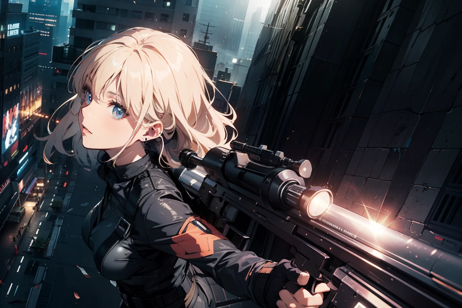A woman with a gun in a city at night - SeaArt AI