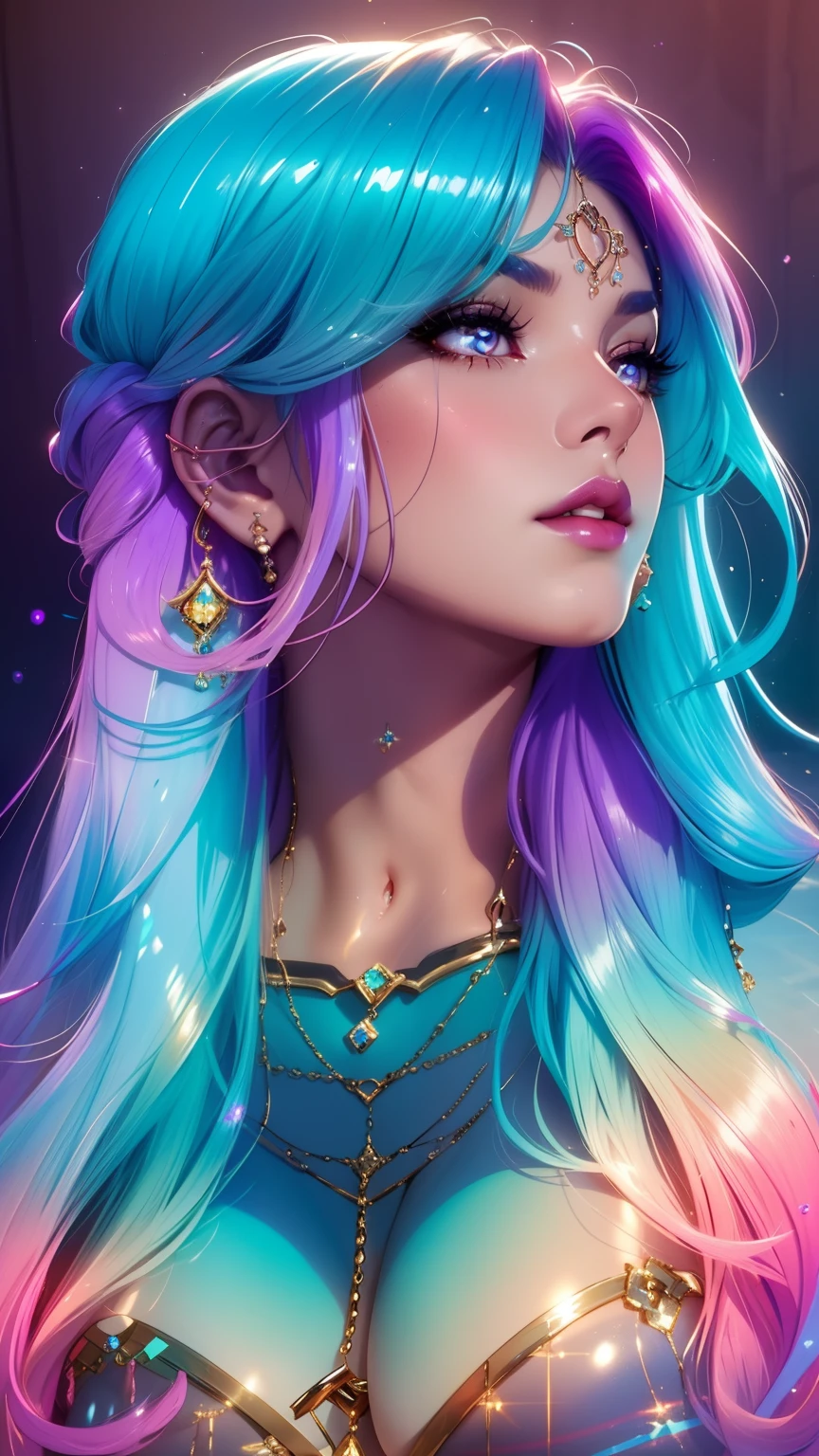 there is a woman with a blue eyes and a pink and blue hair, portrait of a cosmic goddess, strange portrait with galaxy, beautiful fantasy portrait, digital fantasy portrait, surreal beautiful young woman, beautiful fantasy art portrait, fantasy portrait, goddess close-up portrait, digital arts, anna dittman, fantasy art portrait, photoshop art, portrait of magical young girl