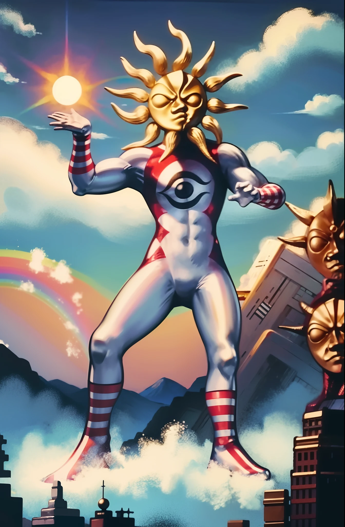 TAROMAN, standing full body, mountain, sun , rainbow, fire light, muscular male, moon water,moon, bara, feet, full body, human eight