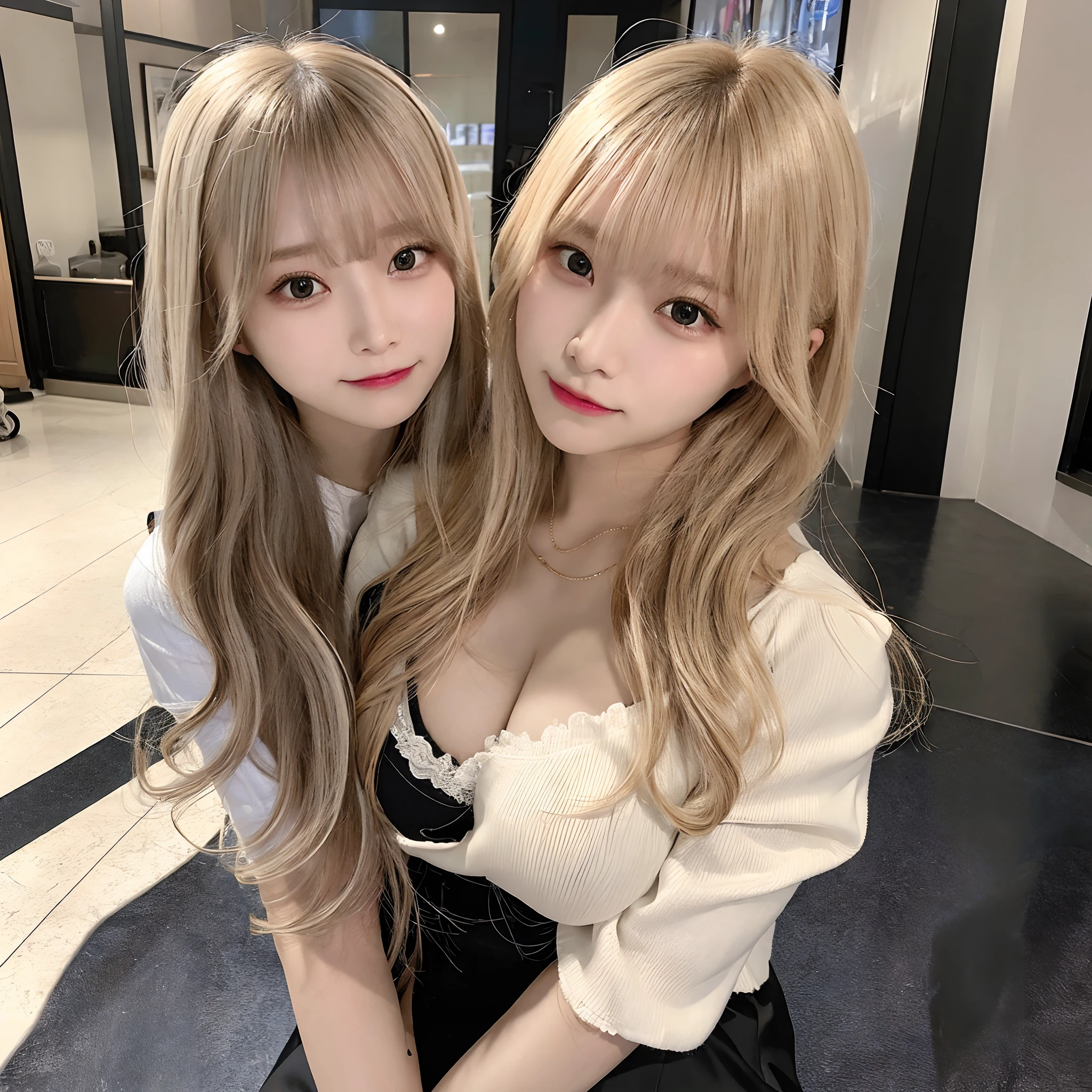 top-quality、​masterpiece、超A high resolution、(Photorealsitic:1.4)、Raw foto、1 girl in、a blond、full body Esbian、large full breasts、Ultra exposed cleavage、erotick、Erotic look、gargantilha、二重まぶた、Loose and fluffy perm、semi long hair、Suits、Hahata、Panchira、Blowjob、