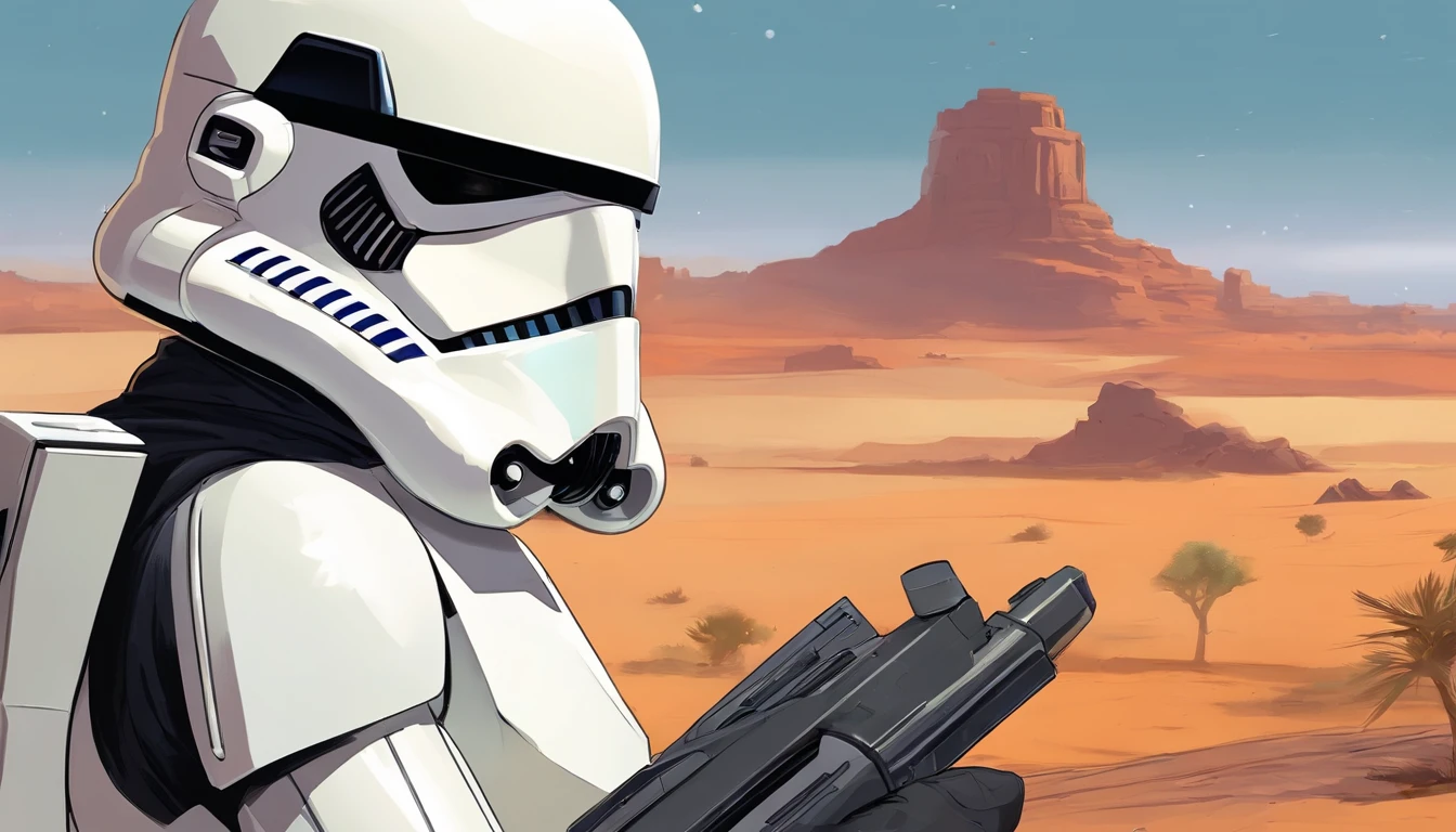Close-up of a Imperial stormtrooper, outstretched hand, against the backdrop of the desert, based on concept art by Magalie Villeneuve, trending on cg society, AB """Star Wars"": The Old Republic", influenced by Ralph McQuarrie's concept art. The stormtrooper has a strong and confident expression on his face, emphasizing detailed facial features, such as beautiful detailed eyes, detailed lips, and extremely detailed eyes and face. She is dressed in the traditional white armor of a stormtrooper, With a sleek and futuristic design. Combining illustration elements, 3D Rendering, and photography, The result is a visually stunning and immersive piece. The colors and lighting are bright and dynamic, Enhancing the overall atmosphere of the artwork. Image quality is paramount, With the best quality, 4K or 8K resolution, hight resolution, And a masterpiece:1.2, which makes it a true masterpiece in terms of quality and detail.