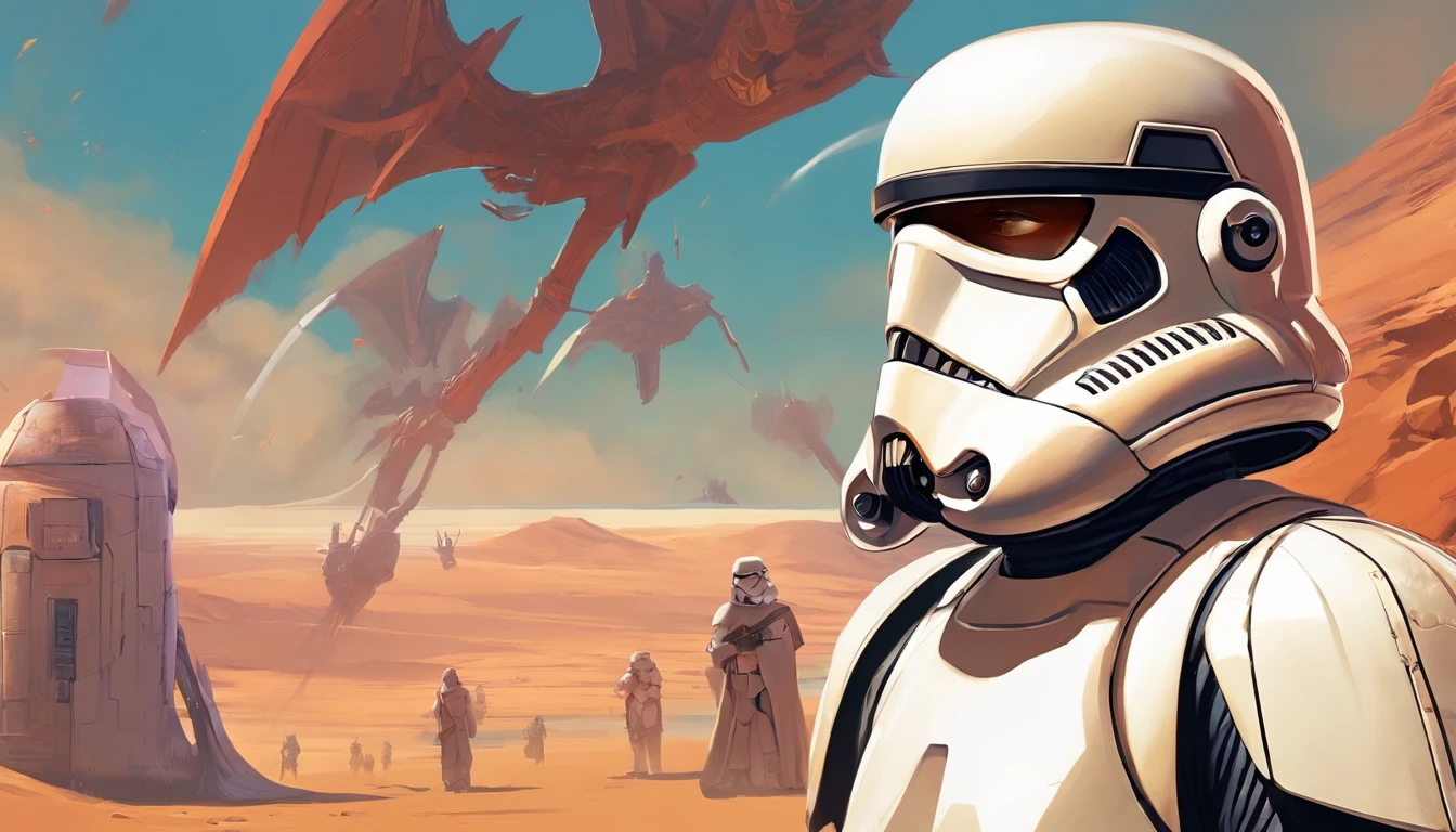 Close-up of a Imperial stormtrooper, outstretched hand, against the backdrop of the desert, based on concept art by Magalie Villeneuve, trending on cg society, AB """Star Wars"": The Old Republic", influenced by Ralph McQuarrie's concept art. The stormtrooper has a strong and confident expression on his face, emphasizing detailed facial features, such as beautiful detailed eyes, detailed lips, and extremely detailed eyes and face. She is dressed in the traditional white armor of a stormtrooper, With a sleek and futuristic design. Combining illustration elements, 3D Rendering, and photography, The result is a visually stunning and immersive piece. The colors and lighting are bright and dynamic, Enhancing the overall atmosphere of the artwork. Image quality is paramount, With the best quality, 4K or 8K resolution, hight resolution, And a masterpiece:1.2, which makes it a true masterpiece in terms of quality and detail.