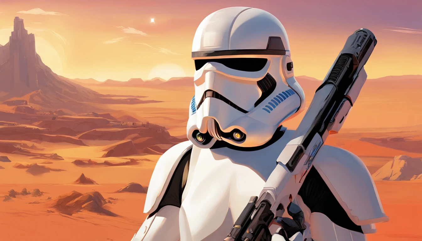 Close-up of a Imperial stormtrooper, outstretched hand, against the backdrop of the desert, based on concept art by Magalie Villeneuve, trending on cg society, AB """Star Wars"": The Old Republic", influenced by Ralph McQuarrie's concept art. The stormtrooper has a strong and confident expression on his face, emphasizing detailed facial features, such as beautiful detailed eyes, detailed lips, and extremely detailed eyes and face. She is dressed in the traditional white armor of a stormtrooper, With a sleek and futuristic design. Combining illustration elements, 3D Rendering, and photography, The result is a visually stunning and immersive piece. The colors and lighting are bright and dynamic, Enhancing the overall atmosphere of the artwork. Image quality is paramount, With the best quality, 4K or 8K resolution, hight resolution, And a masterpiece:1.2, which makes it a true masterpiece in terms of quality and detail.