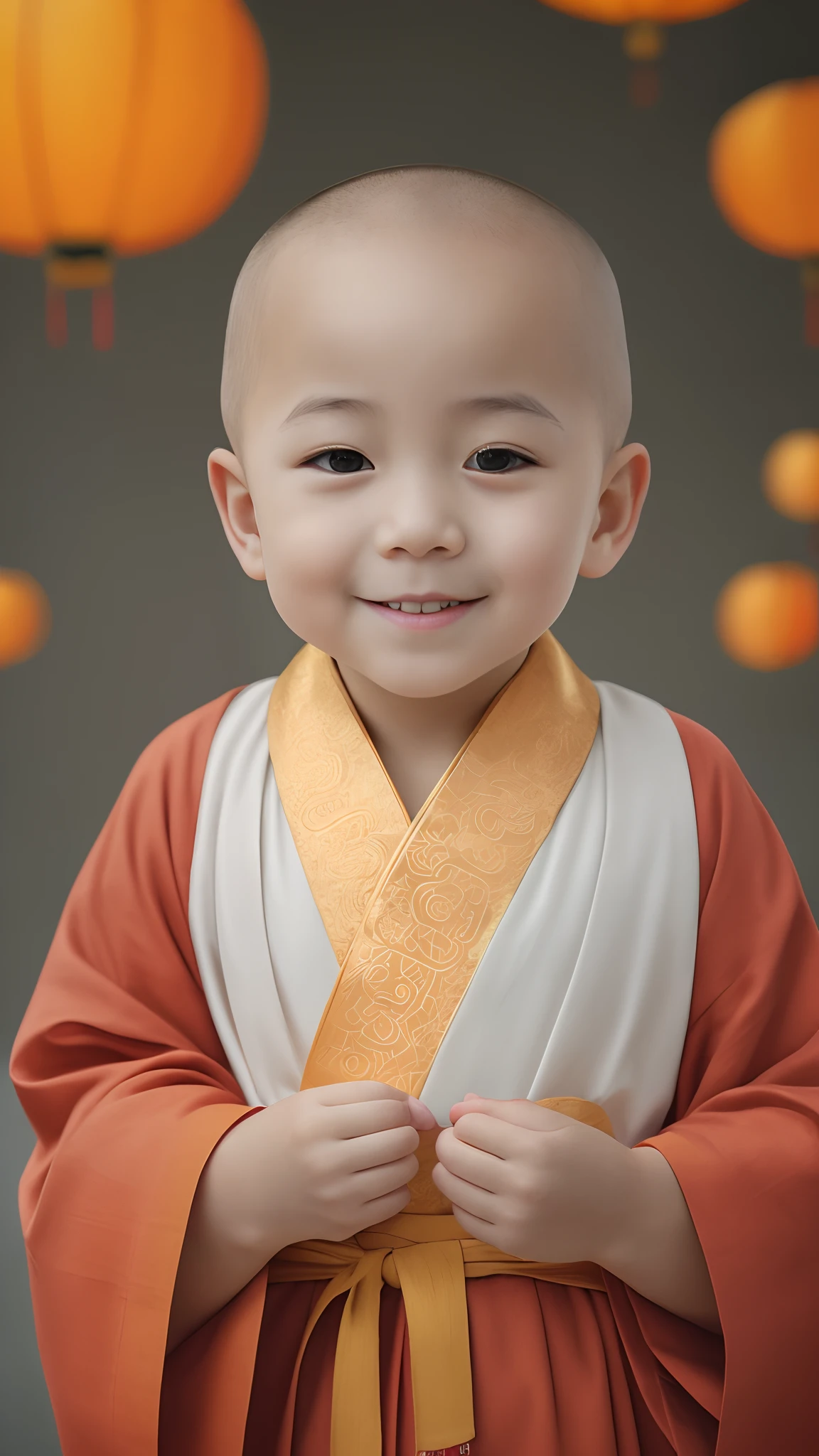 Close-up of a bald child in a robe, lovely digital painting, monk clothes, high quality portrait, ancient japanese monk, buddhist monk, portrait of monk, Buddhist, monk, wears long red robe, cute portrait, Portrait shooting, 2 1 st century monk, dressed in simple robes, Cute boy, Innocent smile, Chinese traditional, Yan, wearing a long flowing robe,(((There are a lot of Chinese lanterns in the background)))