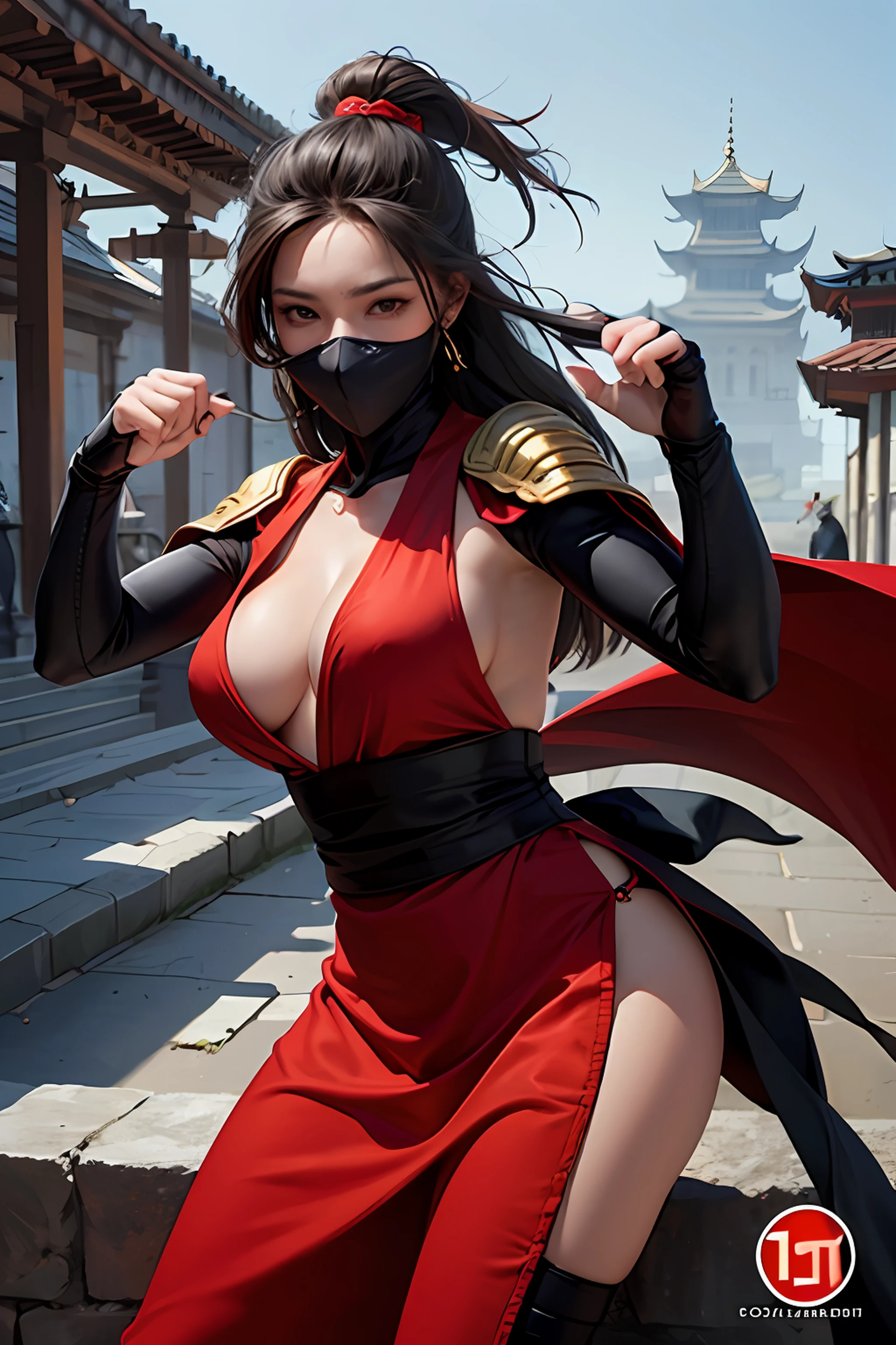 high quality fingers, normal hands, detailed fingers, masterpiece, (realistic, photo-realistic: 1.37), realistic, 1girl, long hair:1.5, black hair:1.2, red eyes:1.5, bright eyes, mortal kombat, ninja, blood, scar, weapons, kimono, dress, mortal kombat suit, large breasts, fighting pose, serene look, temple, meditation, injuries, ninja mask, cover half face, eyes to the sky
