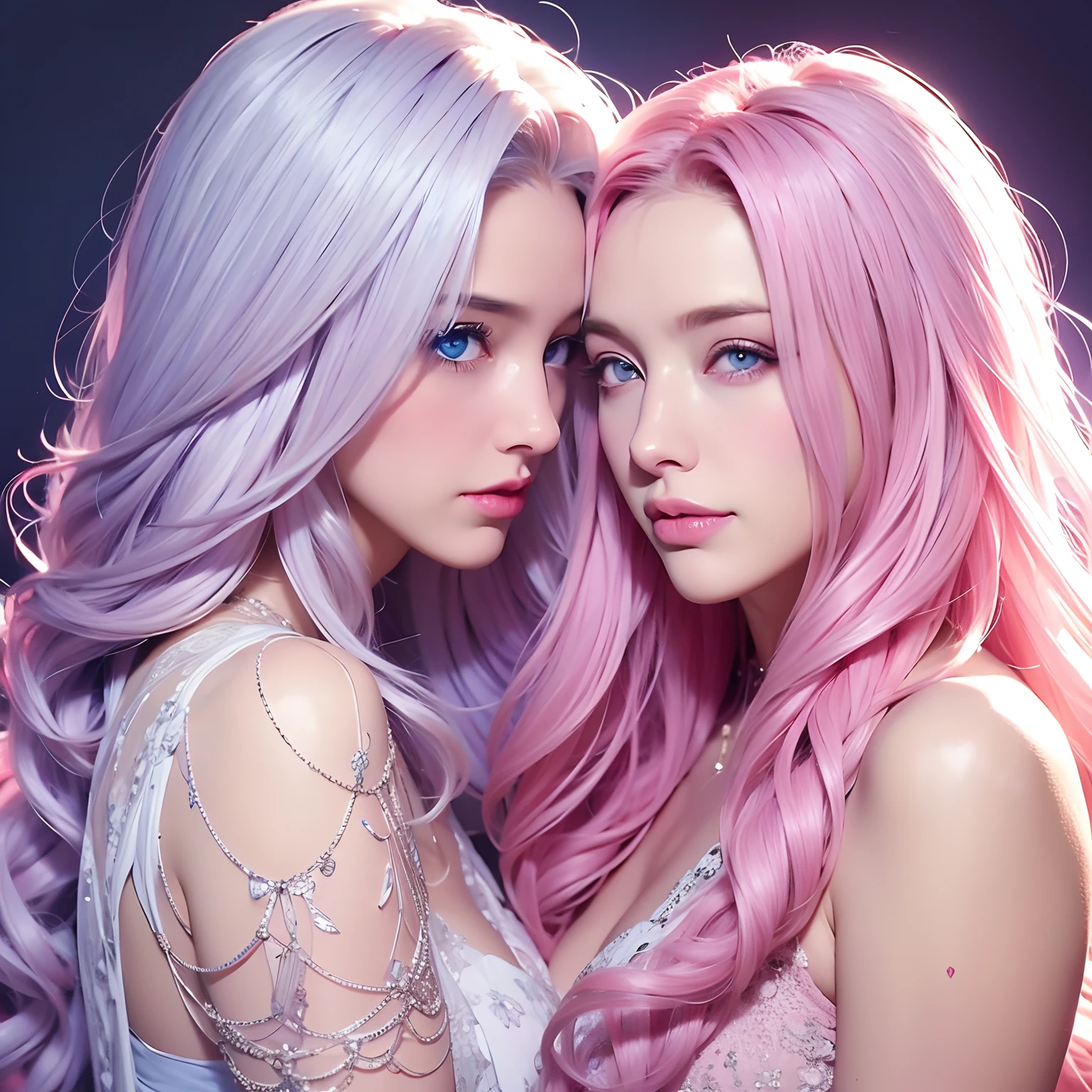 two women, long curly hair, pink hair, blue eyes) (Woman, white hair)