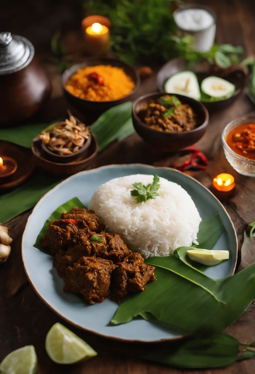 A plate of Nasi rendang,deliciously spiced with fragrant coconut milk and tender beef,[mouth-watering:1.1],[spicy:1.1],[aromatic],[hearty:1.1],a burst of flavors,[traditional:1.1],[authentic]:1.2,[Malaysian cuisine],artfully presented on a banana leaf,[vibrant colors],[rich textures],[appetizing presentation],a feast for the senses,[high-resolution:1.2],[crisp detail]:1.1,[masterpiece],[best quality:1.2],[close-up view],[captivating lighting],a tempting invitation to savor every bite,[mouth-watering aroma],[exquisite plating],[culinary delight],[gourmet experience].