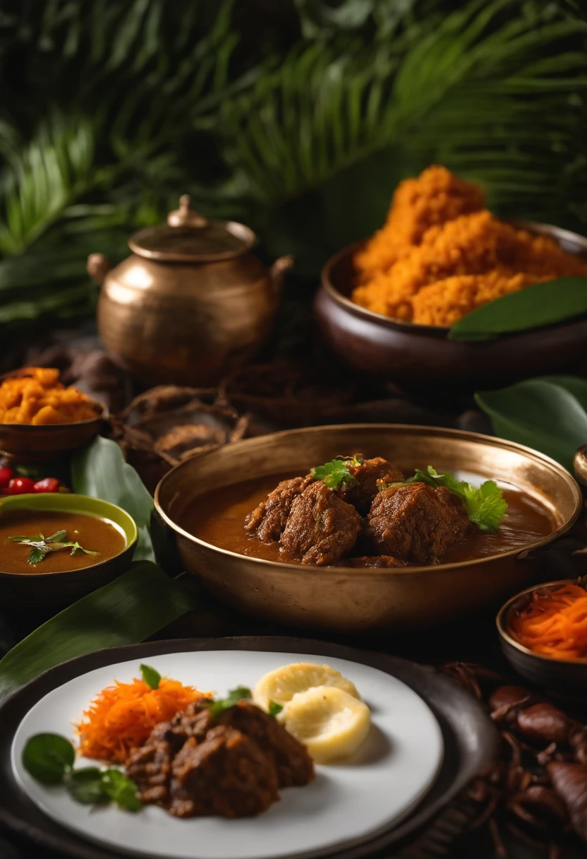 A plate of Nasi rendang,deliciously spiced with fragrant coconut milk and tender beef,[mouth-watering:1.1],[spicy:1.1],[aromatic],[hearty:1.1],a burst of flavors,[traditional:1.1],[authentic]:1.2,[Malaysian cuisine],artfully presented on a banana leaf,[vibrant colors],[rich textures],[appetizing presentation],a feast for the senses,[high-resolution:1.2],[crisp detail]:1.1,[masterpiece],[best quality:1.2],[close-up view],[captivating lighting],a tempting invitation to savor every bite,[mouth-watering aroma],[exquisite plating],[culinary delight],[gourmet experience].