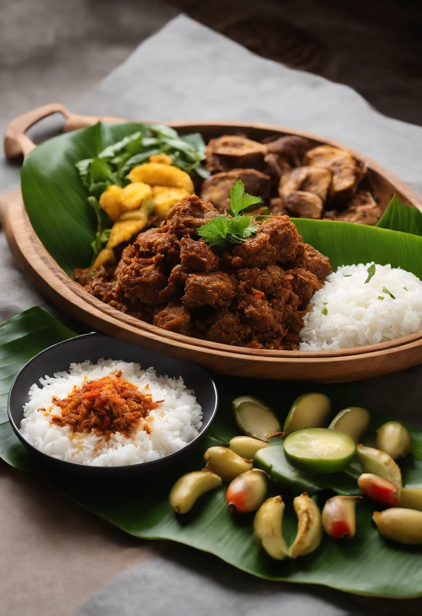 A plate of Nasi rendang,deliciously spiced with fragrant coconut milk and tender beef,[mouth-watering:1.1],[spicy:1.1],[aromatic],[hearty:1.1],a burst of flavors,[traditional:1.1],[authentic]:1.2,[Malaysian cuisine],artfully presented on a banana leaf,[vibrant colors],[rich textures],[appetizing presentation],a feast for the senses,[high-resolution:1.2],[crisp detail]:1.1,[masterpiece],[best quality:1.2],[close-up view],[captivating lighting],a tempting invitation to savor every bite,[mouth-watering aroma],[exquisite plating],[culinary delight],[gourmet experience].