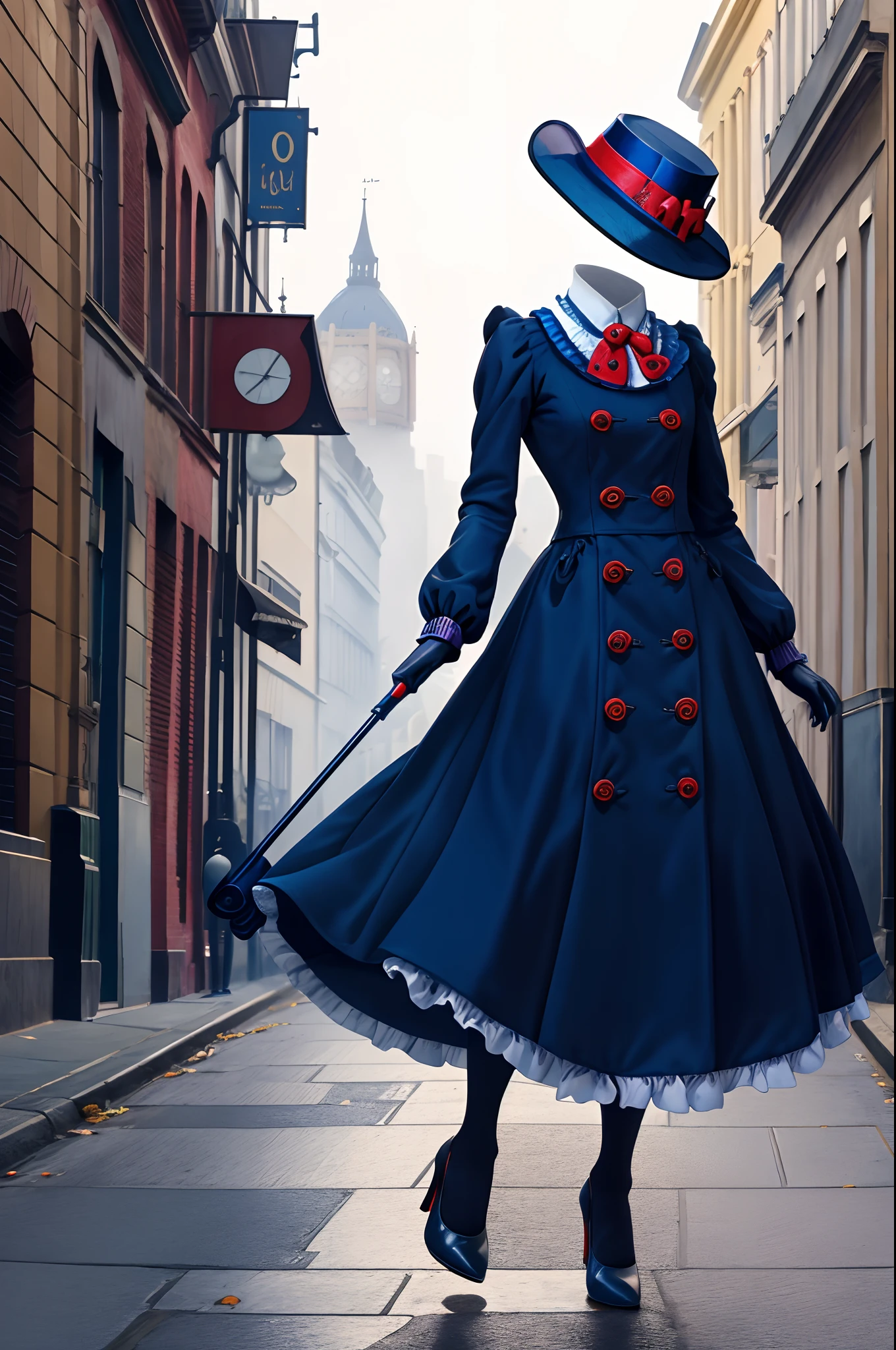 best quality, photo, highres, mary poppins, frills, long dress, parasol, gloves, full body, tights, pumps, street background