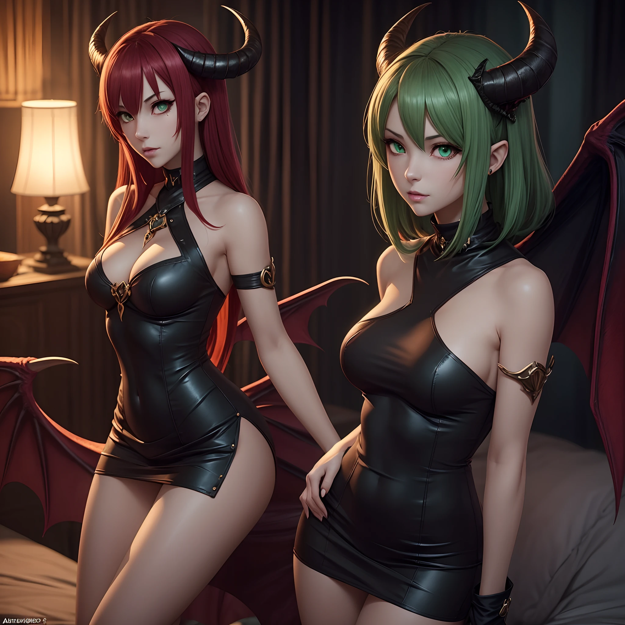 anime - style image of a woman with horns and green eyes, a character portrait inspired by senior character artist, Artstation contest winner, fantasy art, beautiful succubus, succubus in tight short dress, demon anime girl, succubus | medieval, succubus, shadowverse style, 2. 5 d cgi anime fantasy artwork, goddess of the underworld