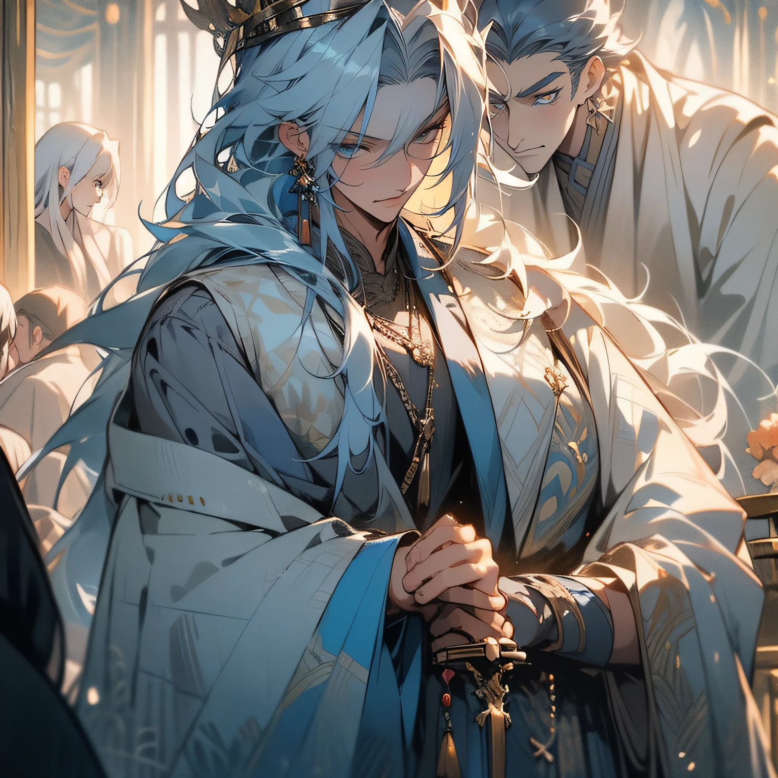 Antique handsome man,blue long hair,Silver hair crown,Light blue robe