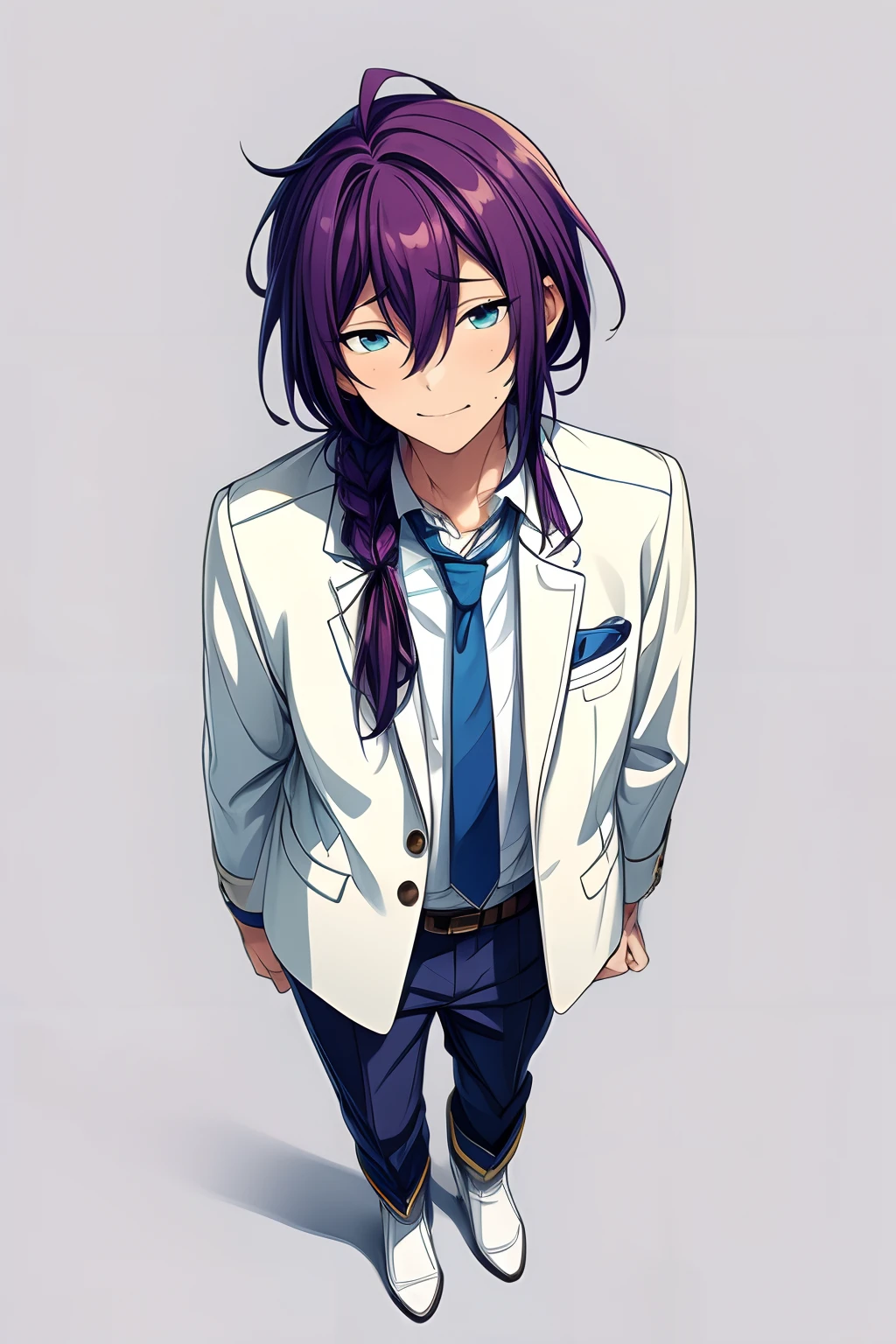 ((highres, absurdres, perfect, official art, masterpiece)), mayoi ayase,solo, long hair, smile, bangs, simple background, shirt, long sleeves, 1boy, hair between eyes, jacket, full body, purple hair, braid, ahoge, male focus, boots, necktie, pants, mole, single braid,  white footwear, white jacket, blue shirt, mole under mouth, hair over shoulder, blue necktie, blue pants,  detailed face