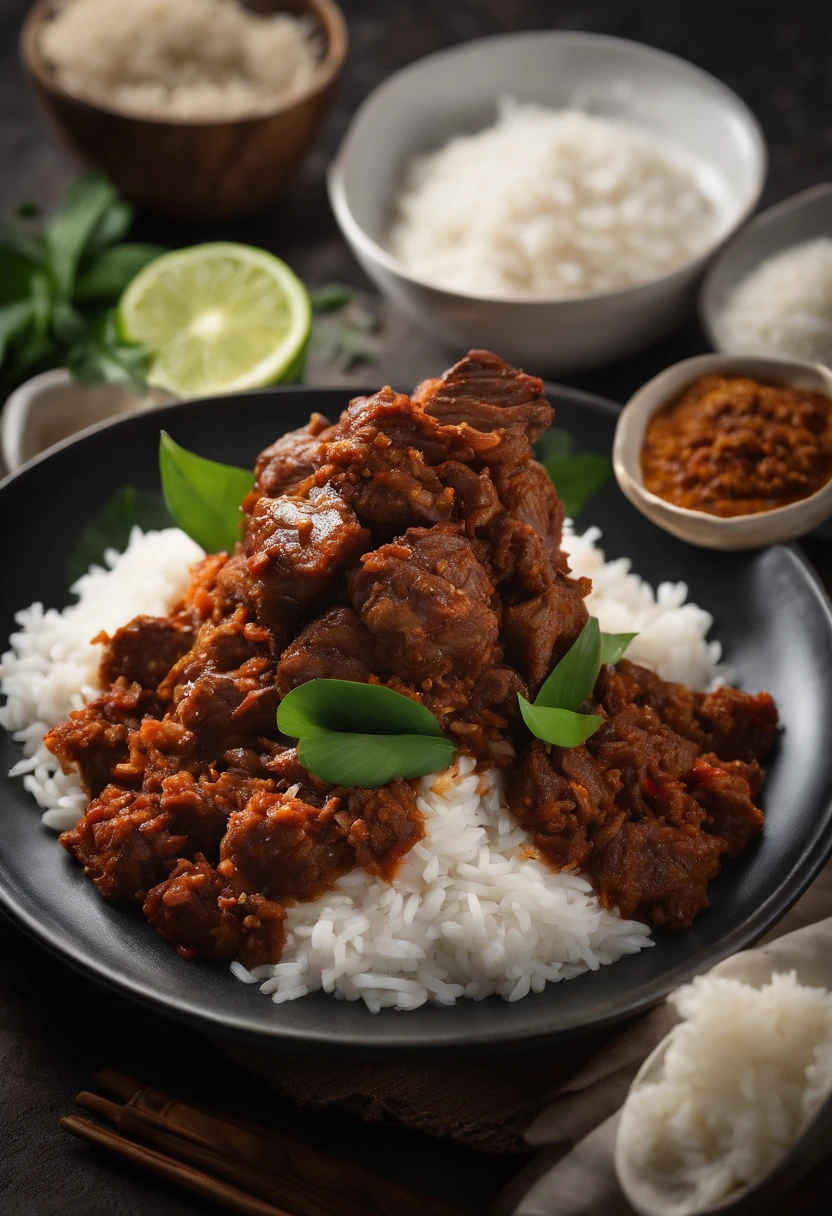 best quality,4k,8k,highres,masterpiece:1.2,ultra-detailed,realistic:1.37,Indonesian rendang rice,traditional dish,sumptuous presentation,aromatic spices,slow-cooked beef,coconut milk,rich and flavorful sauce,tender meat,mouthwatering,steaming white rice,vegetable garnish,vivid colors,exquisite plating,authentic cuisine,culinary masterpiece,Indonesian culture,culinary heritage