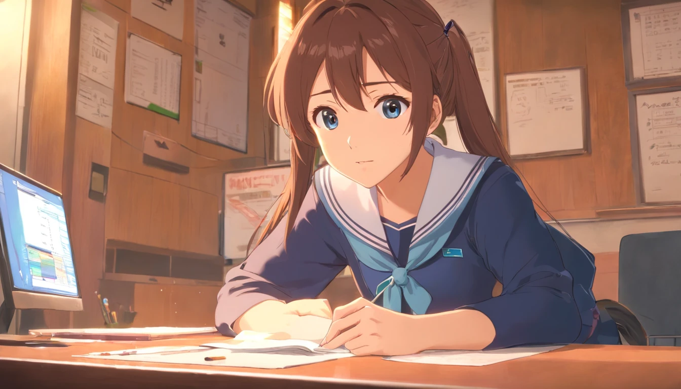 (masuter piece)、(best qualtiy)、(super detailing)、(well-groomed hair)、(illustratio)、(1girl in)、(detailedbackground)、Beautiful detailed eyes、Delicate beautiful face、(High color saturation)、Focus on the face、A dark-haired、bangss、movement、shorth hair、pixiv illustration、best qualtiy、super detailing、美丽的面容、4K、Clair、top-quality、beautidful eyes、Moist eyes、Blush cheeks、in 8K、The Light Shines、Happy look、Extremely beautiful scenery、A refreshing breeze blows、serious facial expression、Concentration、amazing composition、Looking down at the desk、a sailor suit、Serious gaze、An ultra-high picture quality、Alone、learning、lecture、Write in a note、study、lesson、Herren、head phone、concentrating
