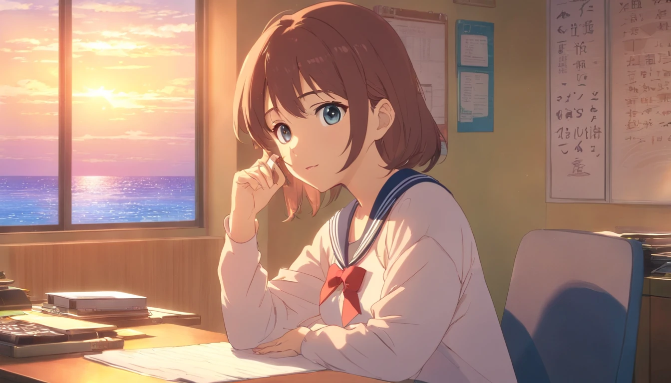 (masuter piece)、(best qualtiy)、(super detailing)、(well-groomed hair)、(illustratio)、(1girl in)、(detailedbackground)、Beautiful detailed eyes、Delicate beautiful face、(High color saturation)、Focus on the face、A dark-haired、bangss、movement、shorth hair、pixiv illustration、best qualtiy、super detailing、美丽的面容、4K、Clair、top-quality、beautidful eyes、Moist eyes、Blush cheeks、in 8K、The Light Shines、Happy look、Extremely beautiful scenery、A refreshing breeze blows、serious facial expression、Concentration、amazing composition、Looking down at the desk、a sailor suit、Serious gaze、An ultra-high picture quality、Alone、learning、lecture、Write in a note、study、lesson、Herren、head phone、concentrating