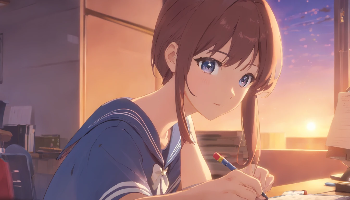 (masuter piece)、(best qualtiy)、(super detailing)、(well-groomed hair)、(illustratio)、(1girl in)、(detailedbackground)、Beautiful detailed eyes、Delicate beautiful face、(High color saturation)、Focus on the face、A dark-haired、bangss、movement、shorth hair、pixiv illustration、best qualtiy、super detailing、美丽的面容、4K、Clair、top-quality、beautidful eyes、Moist eyes、Blush cheeks、in 8K、The Light Shines、Happy look、Extremely beautiful scenery、A refreshing breeze blows、serious facial expression、Concentration、amazing composition、Looking down at the desk、a sailor suit、Serious gaze、An ultra-high picture quality、Alone、learning、lecture、Write in a note、study、lesson、Herren、head phone、concentrating