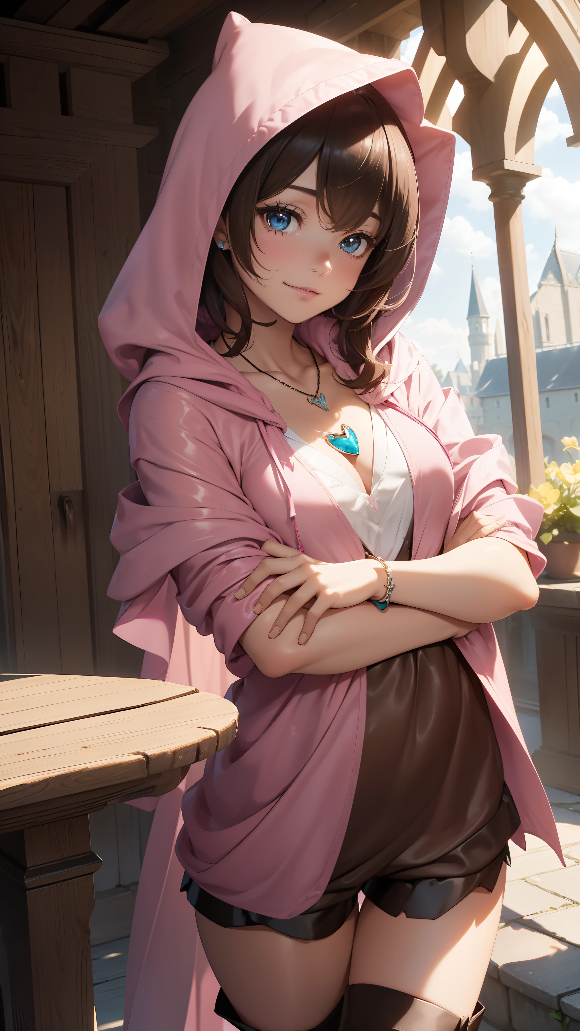 masterpiece, ultra detailed, 8K Portrait, Raw photo, a portrait photo of, Highly detailed face, beautiful and meticulous eyes, ((Fantasy)), young beautiful, 17 year old girl, Light brown short hair, Kind face, Cute smile, adventurer, (((Hooded))) (((Pink silk long caped))) Fluttering in the wind, (((brown Shirt dress))), (((black shorts))), ((Leather boots)), (((pink Heart necklace))), one side blue earring, ((one side blue jewel bracelet)), Hold a Maple Syrup Bottle, Midday Sun, Hyper realistic, body model, small breast, beautiful breast, Long legs, in a castle, Camera focus on face, Ambient lighting, Shadow details, strong breeze, Light fog