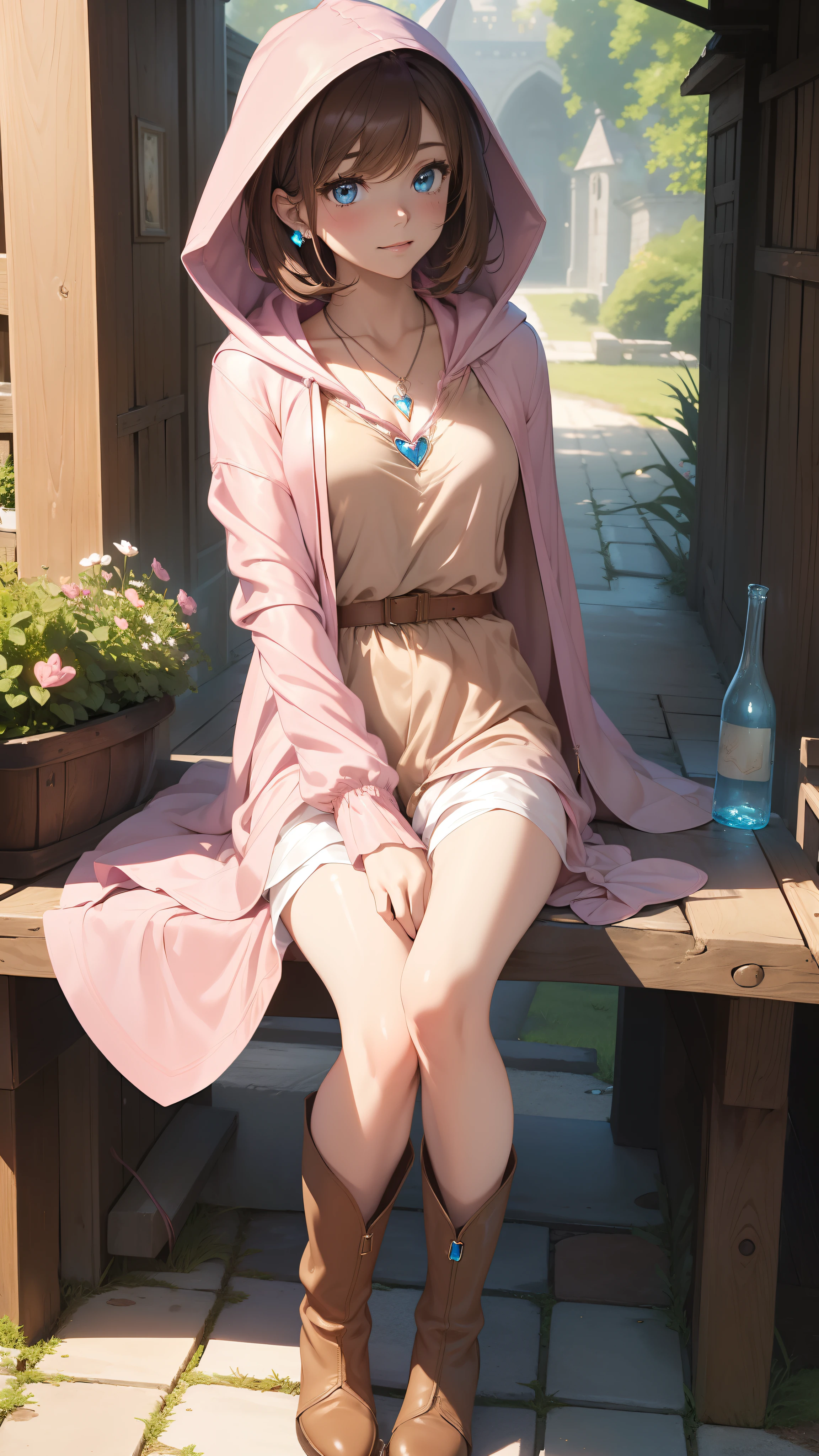masterpiece, ultra detailed, 8K Portrait, Raw photo, a portrait photo of, Highly detailed face, beautiful and meticulous eyes, ((Fantasy)), young beautiful, 17 year old girl, Light brown short hair, Kind face, Cute smile, adventurer, (((Hooded))) (((Pink silk long caped))) Fluttering in the wind, (((brown Shirt dress))), (((brown shorts))), ((Leather boots)), (((pink Heart necklace))), one side blue earring, ((one side blue jewel bracelet)), Hold a Maple Syrup Bottle, Midday Sun, Hyper realistic, body model, small breast, beautiful breast, Long legs, in a castle, Camera focus on face, Ambient lighting, Shadow details, strong breeze, Light fog