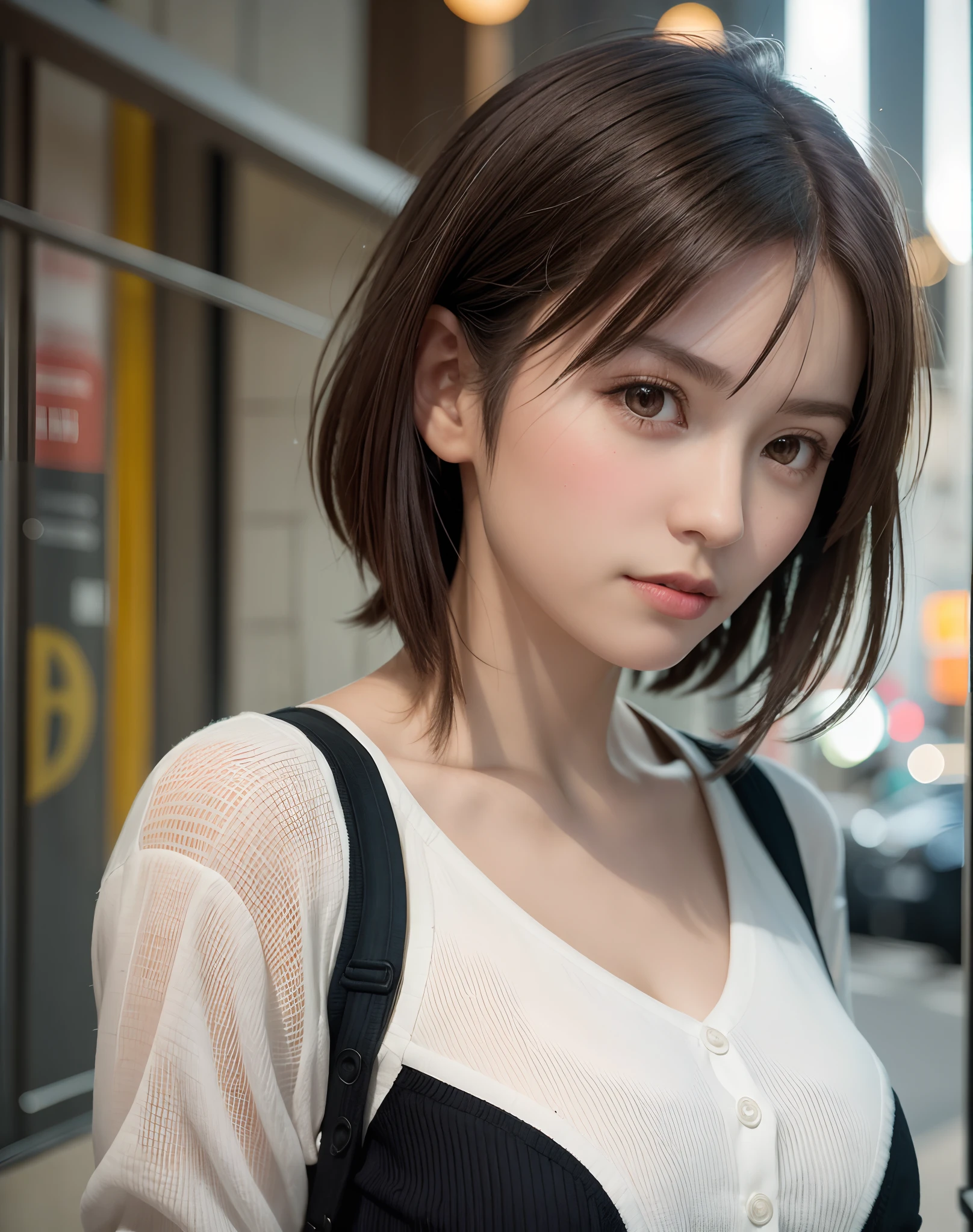 (masterpiece: 1.3), (8K, Photorealista, Photo Raw, top-quality: 1.4), full bodyesbian, Walking the streets of Tokyo, (1girl in), gorgeous faces, (lifelike face), (A dark-haired, short-haired: 1.3), Gorgeous hairstyle, realisticeyes, beautiful finely detailed eyes, (Pere Lealis...
