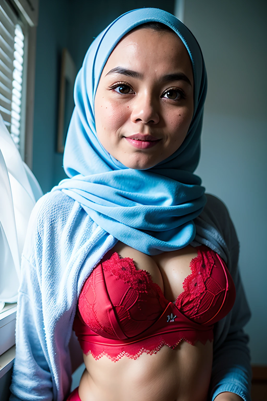 1 malay girl , modern pom-pom hijab, shy, medium portrait shot , watery eyes , blue glowing particles, wear white leggings and red lace bra, blue bedroom background, bright front light,