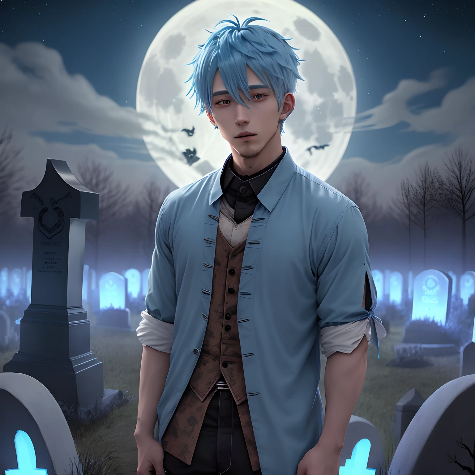 Halloween、lightblue hair、1 male human、graveyard、natta、fullmoon、25-years old