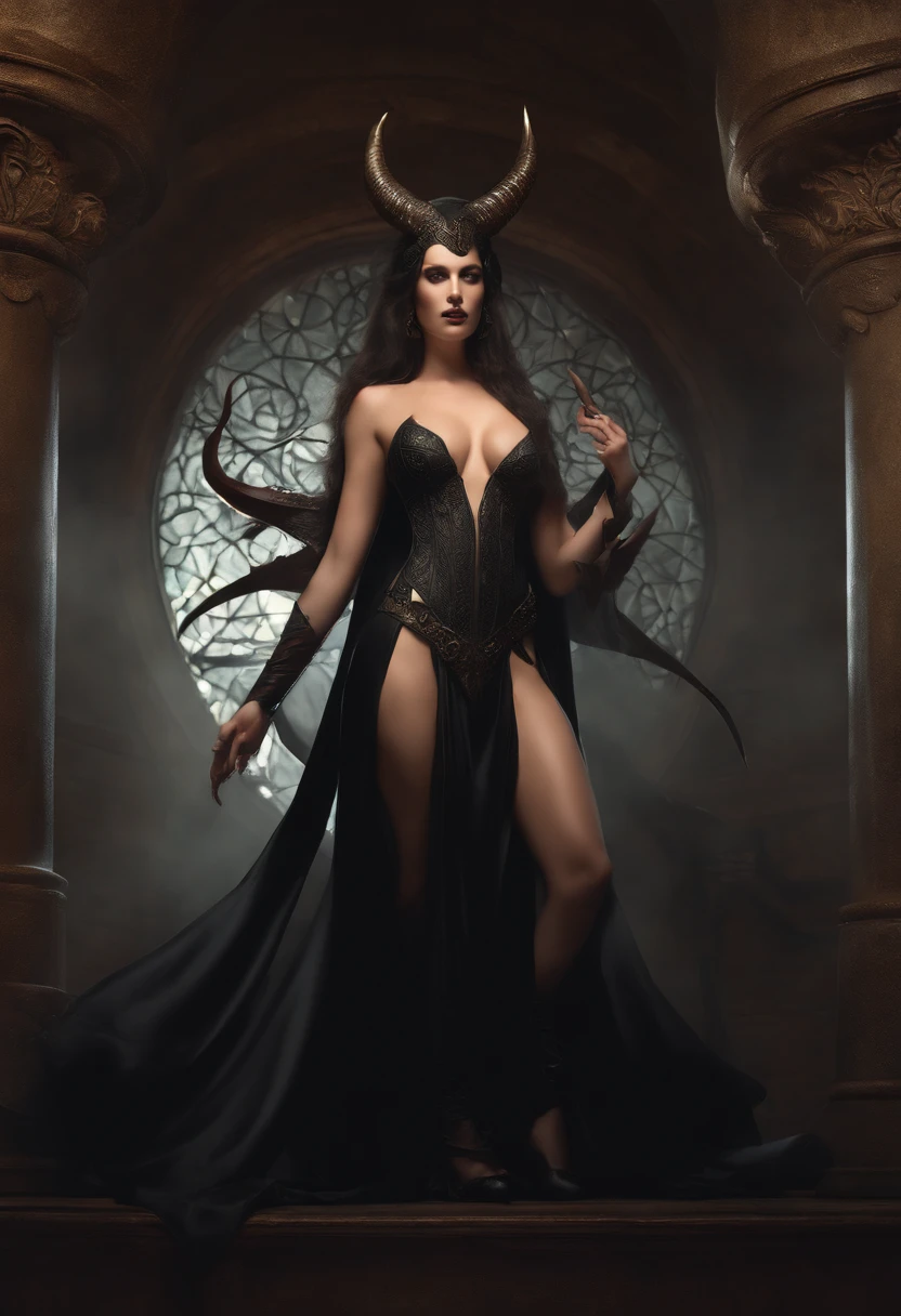 Perfect beautiful full body photo ((Devil Succubus)), Slender body, ((Big Heavy Breasts)), shapeless long hair, small horn, (Wearing a revealing Gothic costume), Perfect features, Abstract beauty, near perfect, Pure form, ((Dynamic Pose)), Ethereal Devil Background, ((darker shadows)), ((Rim lighting)), by Greg Rutkowsky、john william waterhouse、Concept art by Alphonse Mucha, stunning detail, Intricate details, 8k post-production, High resolution, Super Details, Trending on ArtStation, Sharp Focus, Depth of field f/1.8, studio photo.