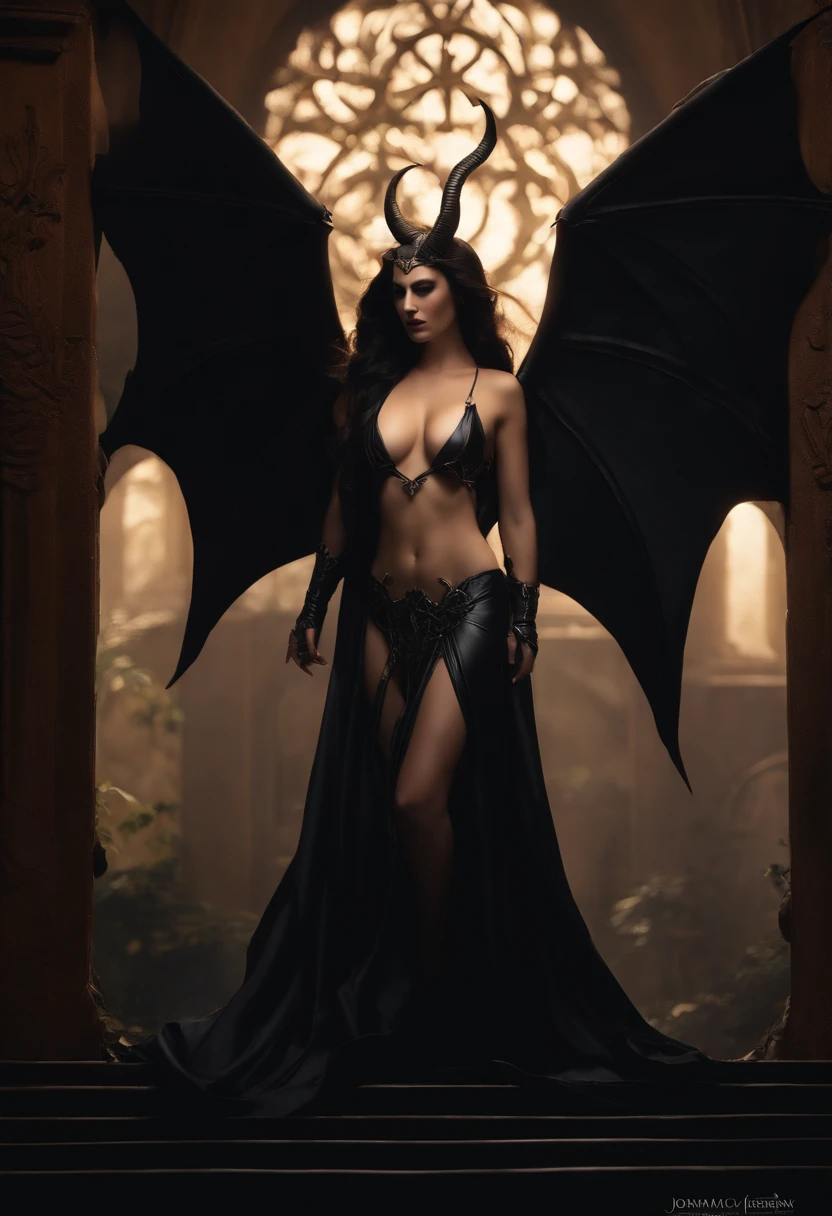 Perfect beautiful full body photo ((Devil Succubus)), Slender body, ((Big Heavy Breasts)), shapeless long hair, small horn, (Wearing a revealing Gothic costume), Perfect features, Abstract beauty, near perfect, Pure form, ((Dynamic Pose)), Ethereal Devil Background, ((darker shadows)), ((Rim lighting)), by Greg Rutkowsky、john william waterhouse、Concept art by Alphonse Mucha, stunning detail, Intricate details, 8k post-production, High resolution, Super Details, Trending on ArtStation, Sharp Focus, Depth of field f/1.8, studio photo.