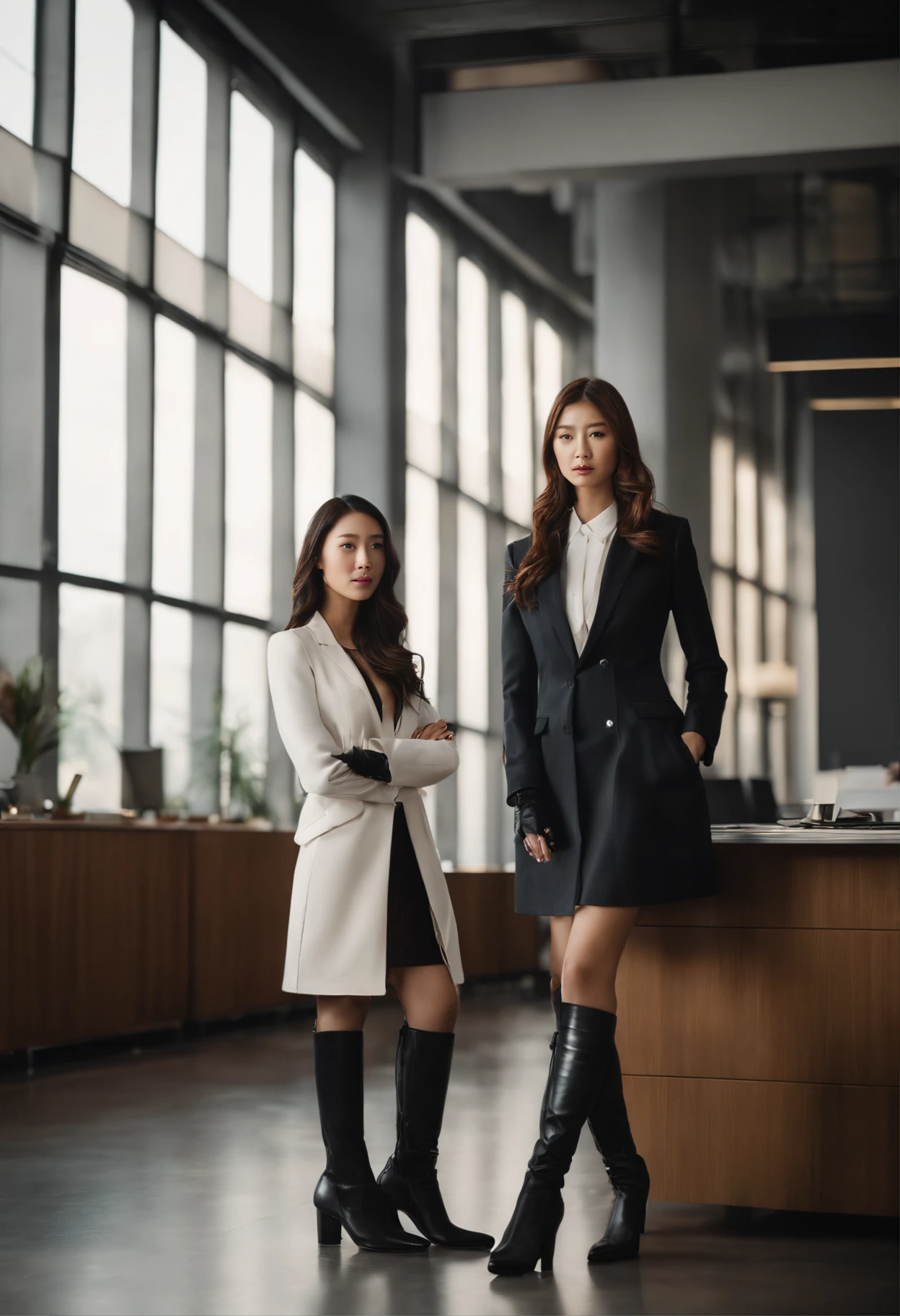 (best quality,ultra-detailed,photorealistic),two young Japanese women in suits,black leather gloves,standing facing the camera with knee-high boots. The setting is in a modern office, exuding a stylish and sophisticated atmosphere. The height difference between the women is pronounced, with one noticeably taller than the other. The image has vibrant colors and an ultra-fine level of realistic detail. The lighting is perfectly balanced, creating a professional and refined appearance.