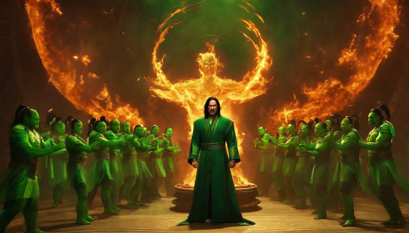 Shang Tsung surrounded by a circle of flame green souls