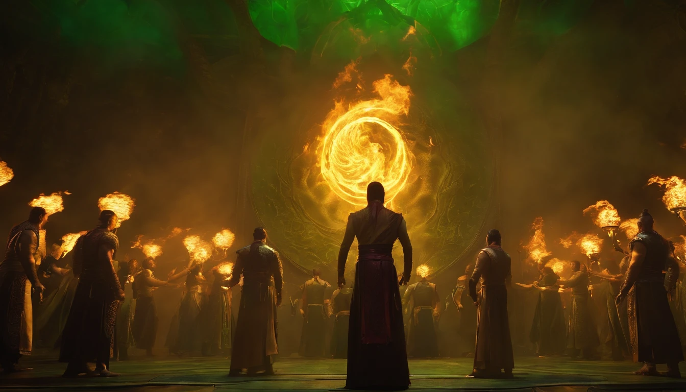 Shang Tsung surrounded by a circle of flame green souls