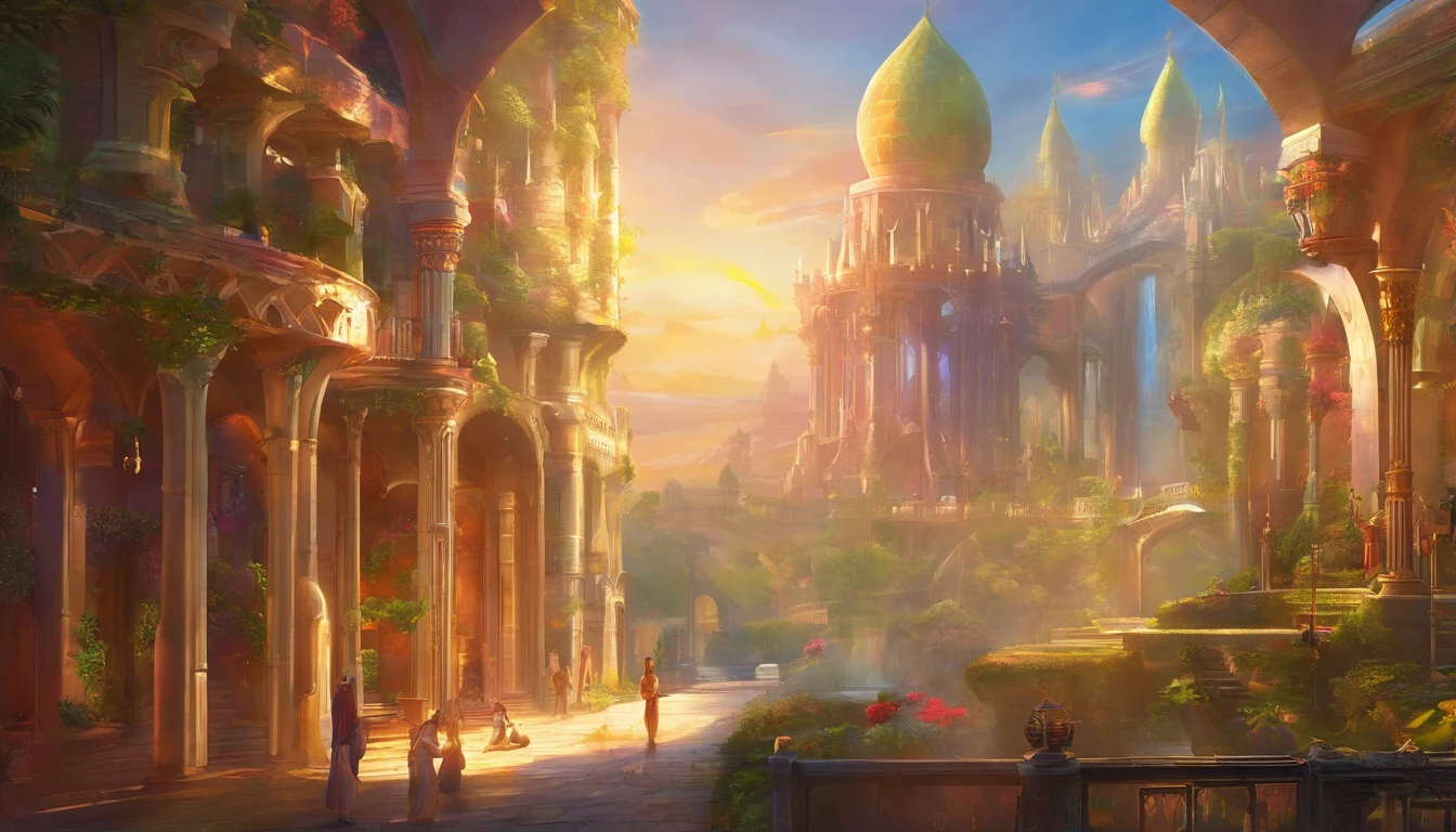 Sidon style, City of Progress, futuristic city, utopian world, brilliant gorgeous colors, thriving buildings, high-end clothing and architectural designs, luxurious buildings, utopian future, high detail, HDR, perfect, stunning progressive architecture, flawless world, reflective surfaces, subsurface scattering, flawless buildings, beyond imagination, 8K, global lighting, wide angle, divine rays, dream world