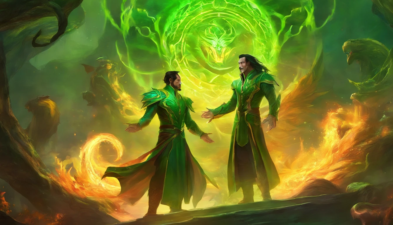 Shang Tsung surrounded by a circle of flame green souls