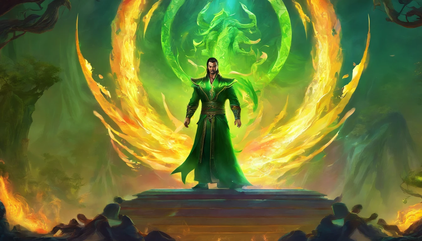 Shang Tsung surrounded by a circle of flame green souls