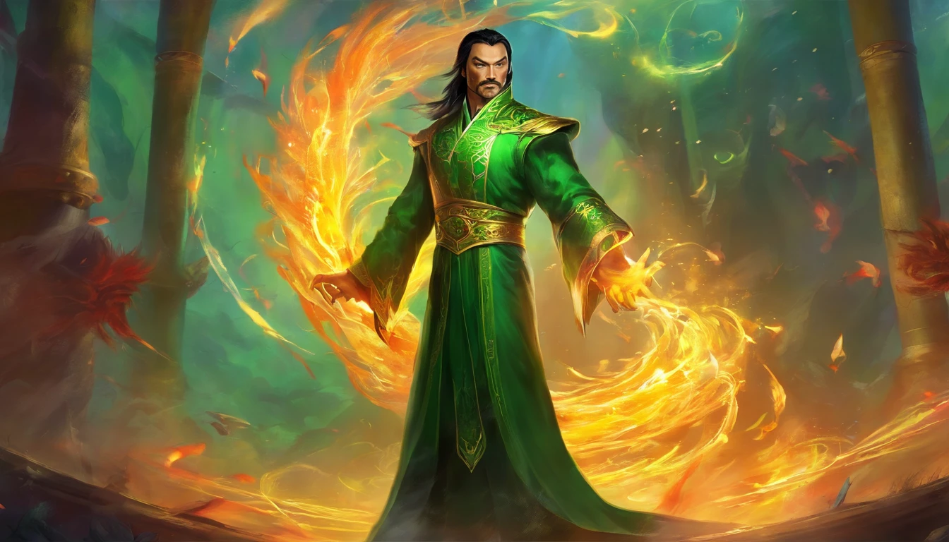 Shang Tsung surrounded by a circle of flame green souls