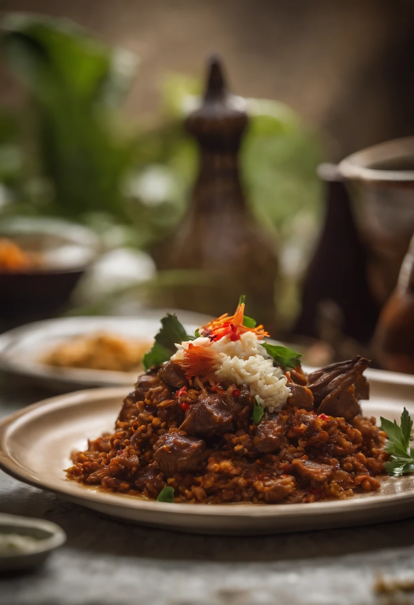best quality,4k,8k,highres,masterpiece:1.2,ultra-detailed,realistic:1.37,Indonesian rendang rice,traditional dish,sumptuous presentation,aromatic spices,slow-cooked beef,coconut milk,rich and flavorful sauce,tender meat,mouthwatering,steaming white rice,vegetable garnish,vivid colors,exquisite plating,authentic cuisine,culinary masterpiece,Indonesian culture,culinary heritage