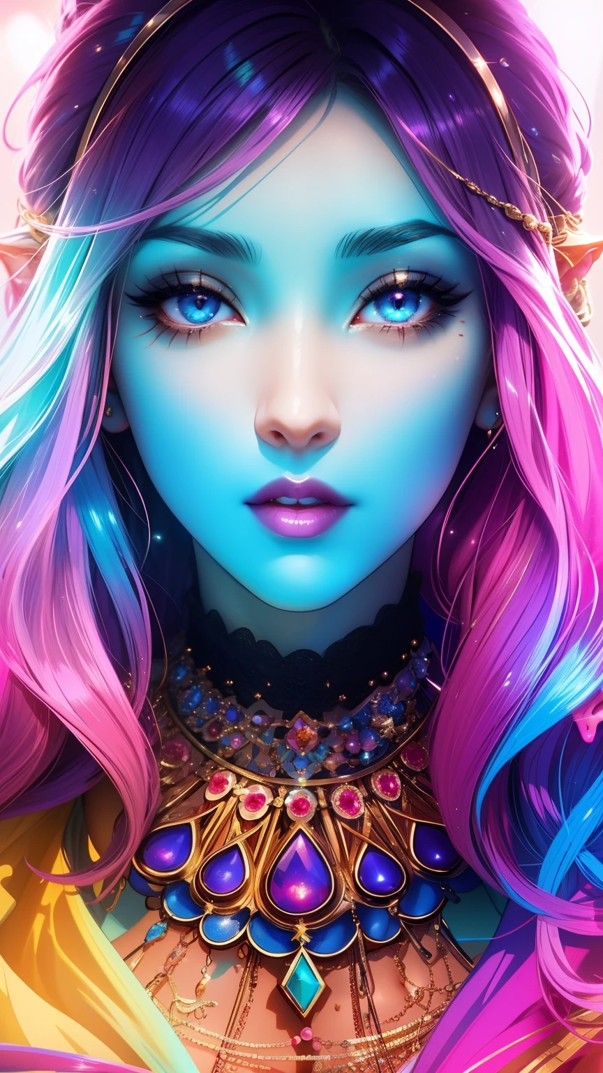 tmasterpiece, Cat's ears, Full color, motley, Gorgeous vamp woman, A bold look,wolf ears, a gold,Pink, Yellow, mint, Crimson, blau, lilac,Gradient hair, long wavy hair, full dark red lips, smoky, Desirable, crystal, delightful, Gorgeous eyes, impassioned, Gentle. erotic pose, Desirable eyes, suntan, Chocolate body, mother-of-pearl body, tanned skin of the body, Languid look, sexy body, Sexy look, rot, blau, violet, Neon, Accessories: Chrome-plated chains with torn body, Choker, Naked, Topless, naked body, bare breast, teats, body piercings,