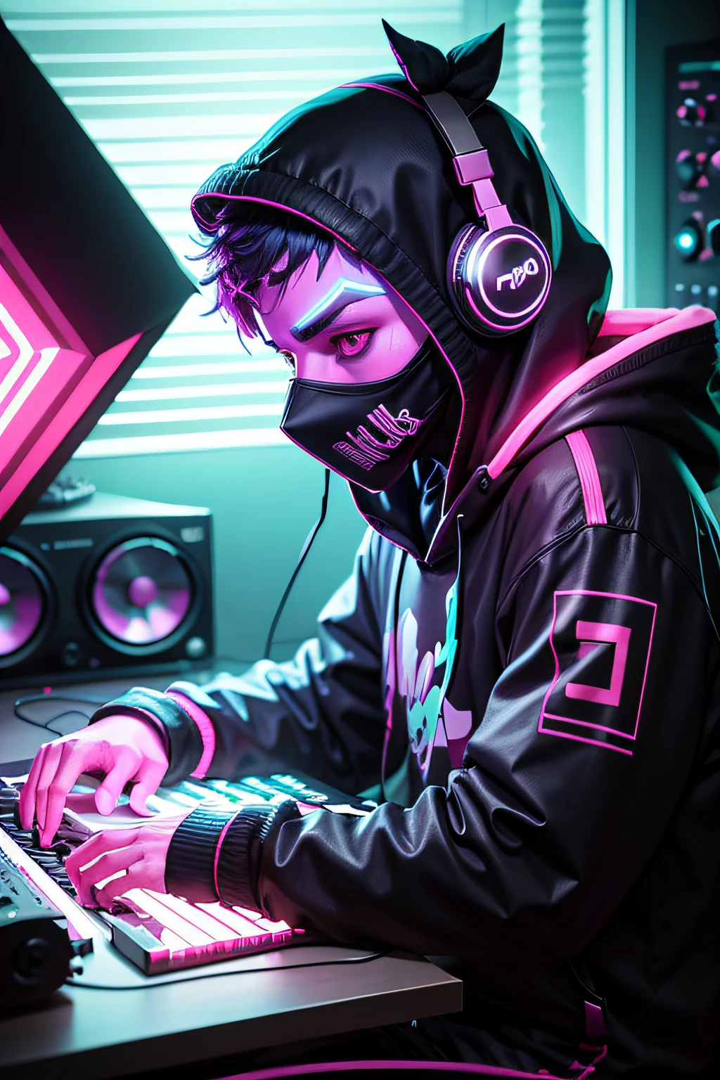 A beatmaker with a mask wearing headphones in a homestudio, fundo escuro, cores neon
