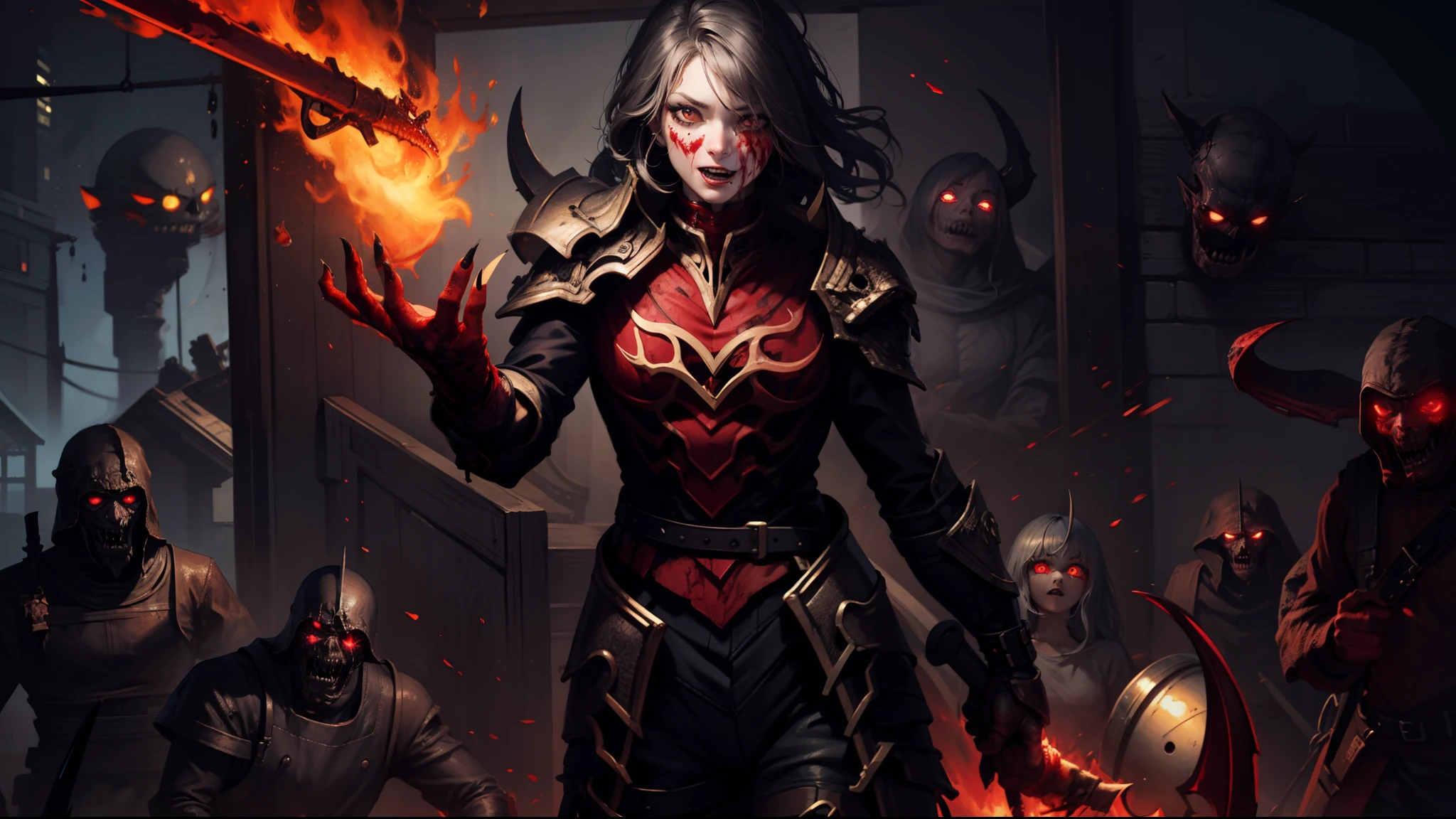 ((8K:1.4)), Impeccable, acurate, (hight resolution:1.2), (higly detailed), hiquality, (tmasterpiece:1.8), The girl pulls out her sword, (dark-skin:1.8) (injured:1.2)), ((rusty_fingernails_in_Skin)), (agony), (icy:1.2), (Camouflage top:1.2)), (long disheveled gray hair), (Red_sclera:1.2), ((Blurred flesh and blood)), (the madhatter_Smile:1.2), (Blood covers the face:1.6), There is blood all around, (blood on the clothes:1.2), ((blood vessels:1.2))), (((Internal organs:1.2))), Trauma to the oral cavity, scar, (cuts_UPON_Skin:1.2), blood on the lips, ((anatomically accurate:1.6)), Very wide open mouth, (Body horror:1.2), (Meat clothing:1.2), Features of the monster:1.2), Monster Face, (((Devil's Eyes:1.6))), (sharp teeth),The Sword of the Demon,White Backgrouni Wash Style,Red-eyed,white tshirt,black shorts