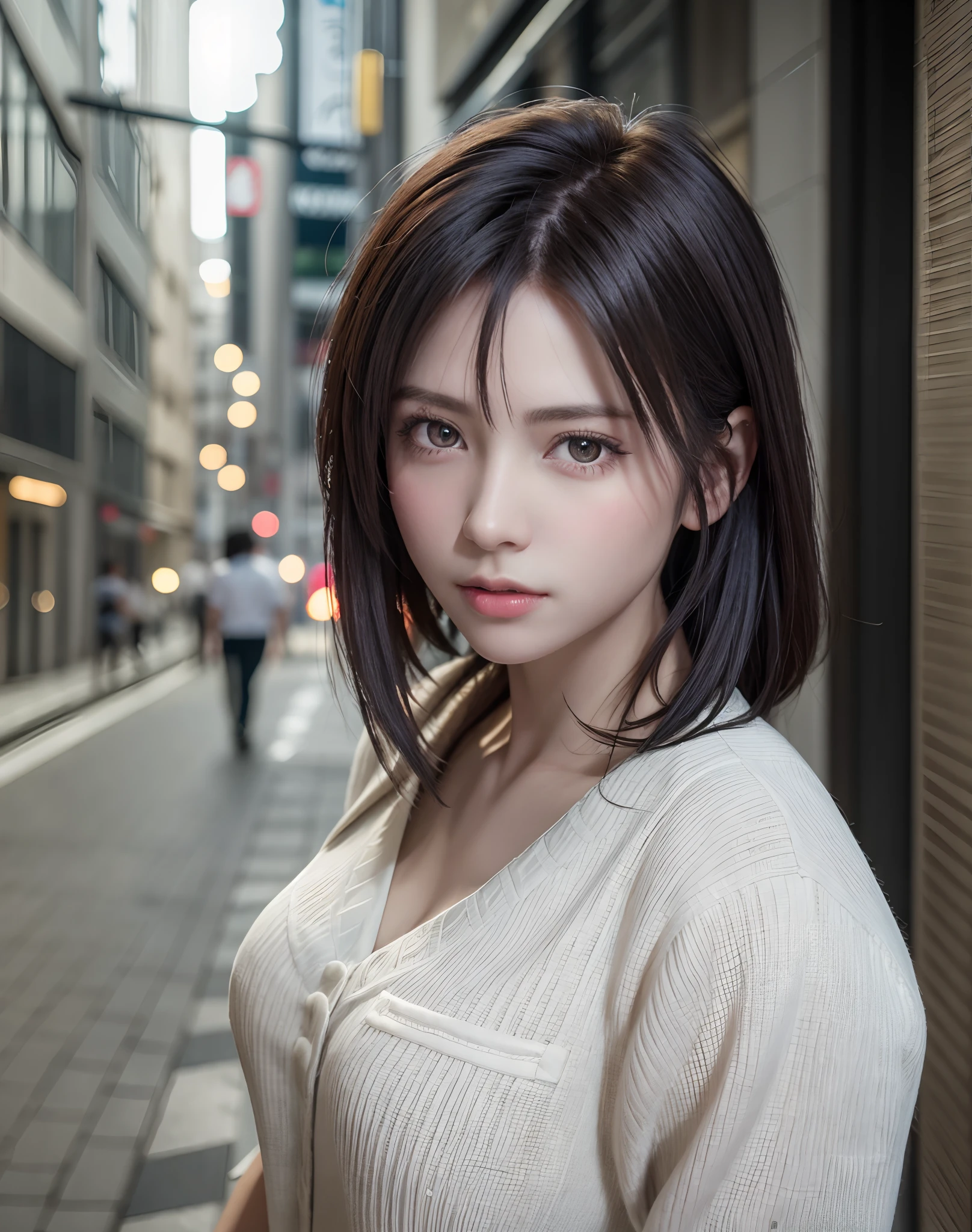 (masterpiece: 1.3), (8K, Photorealista, Photo Raw, top-quality: 1.4), full bodyesbian, Walking the streets of Tokyo, (1girl in), gorgeous faces, (lifelike face), (A dark-haired, short-haired: 1.3), Gorgeous hairstyle, realisticeyes, beautiful finely detailed eyes, (Pere Lealis...