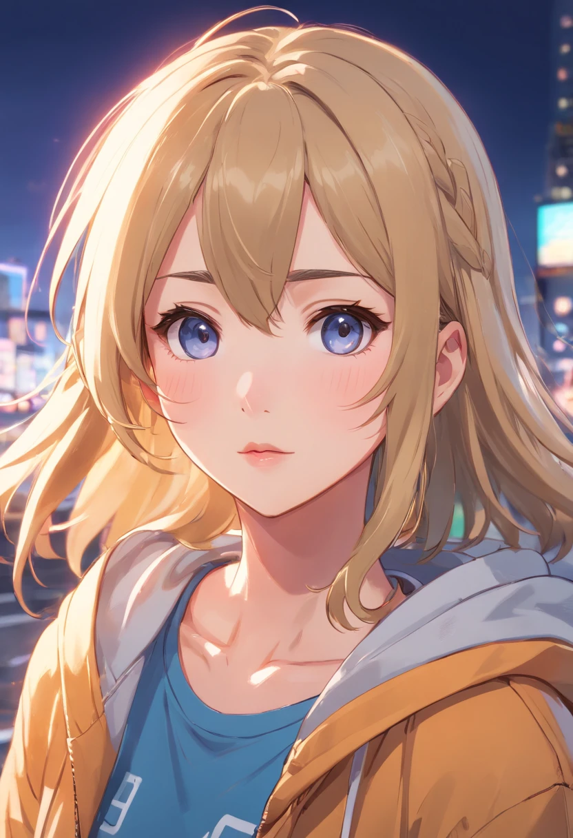 (Best quality,4K,A high resolution),Ultra-detailed,Realistic,(Portrait:1.1),Long black to blond gradient hair,Low ponytail,with fair skin,Golden,There are two strands of hair on either side of the face,Black hoodie,Black and white sweatpants,athletic sneakers,Beautiful detailed eyes,beautiful detailed lips,Colored pupils,Long eyelashes