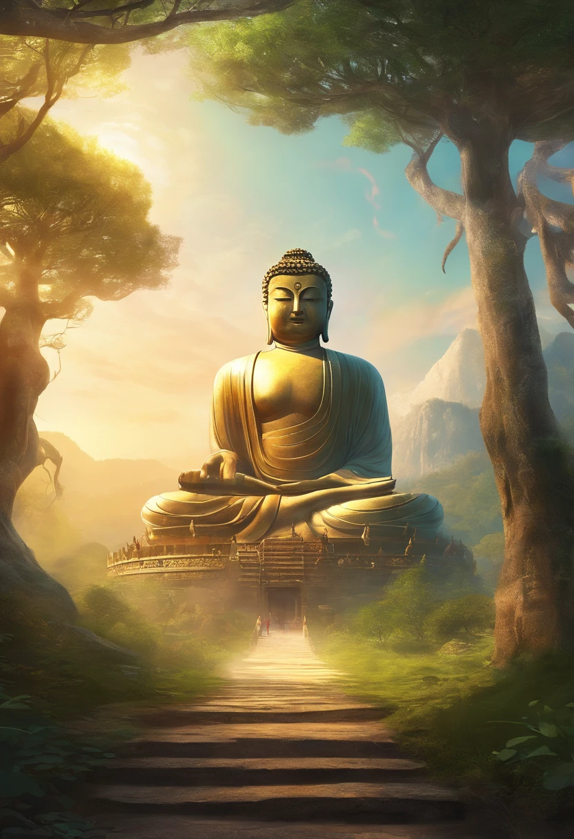 Giant Buddha statue in the distance, pedra, textura, alto, majestoso, imagem invertida, The background is illuminated by sunlight, towering trees, Peregrinos caminhando na estrada. The composition is beautiful, Com obras-primas, Detalhes, and high definition