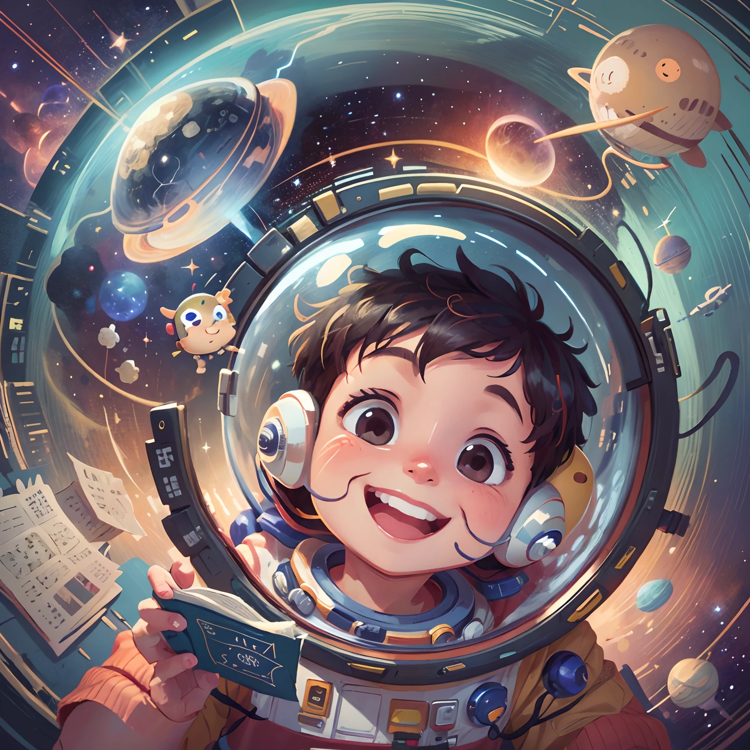 Personagem livro infantil, Pequeno astronauta, realista, alta qualidade, imagem detalhada, 4k, ((sorrindo)), outer space background, (((outer space)))