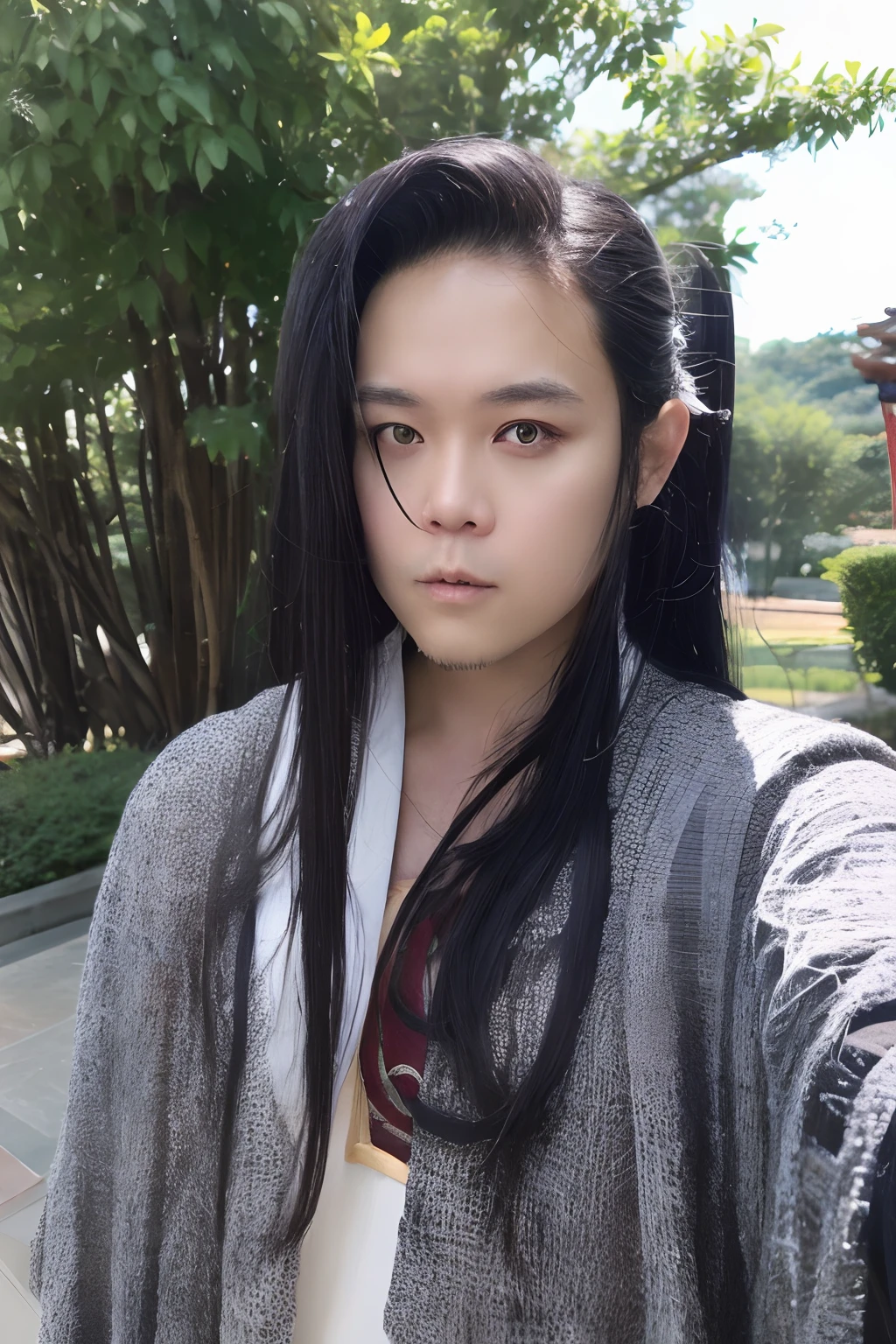 of a guy，long whitr hair，Black hair，Handsome，Deep eyes，full bodyesbian，Wear Hanfu，Black Hanfu，Black Buhan followed，Ancient wind，Contour light，The background is blurred out