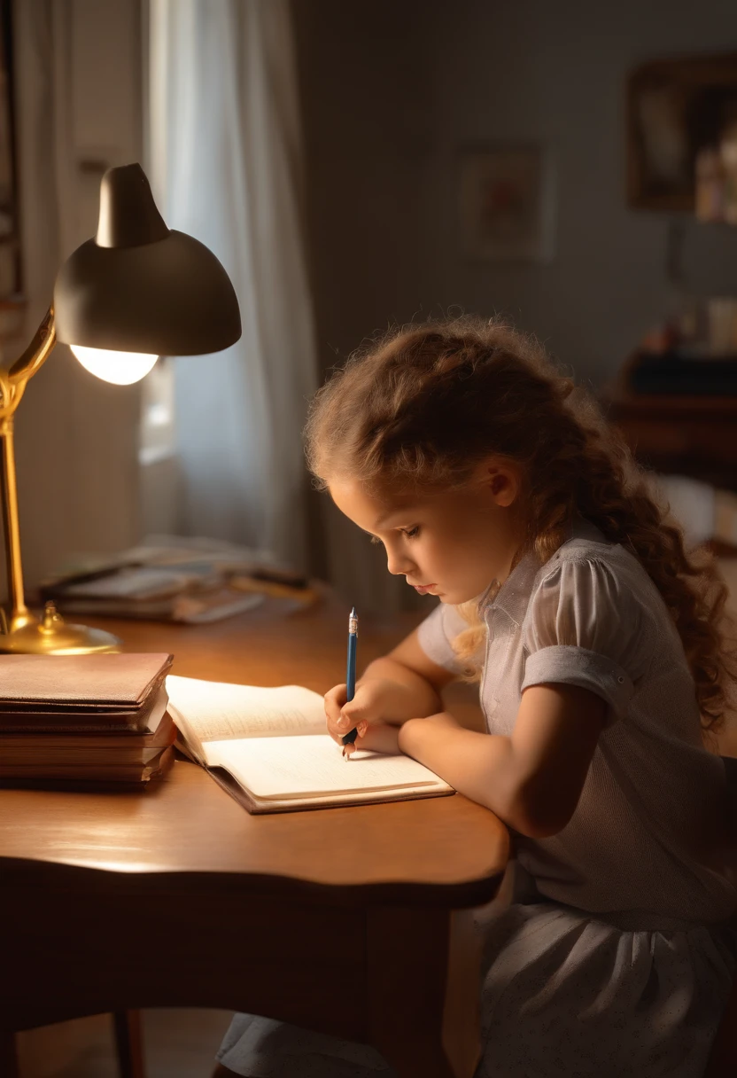 A  doing her homework，Fingers are natural，holding a pen，Painting，to contrast，Creamy texture